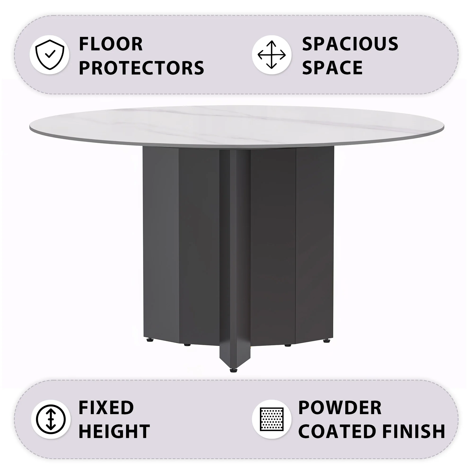 Zevro Series Round Dining Table Black Base with 60 Round White Sintered Stone Top