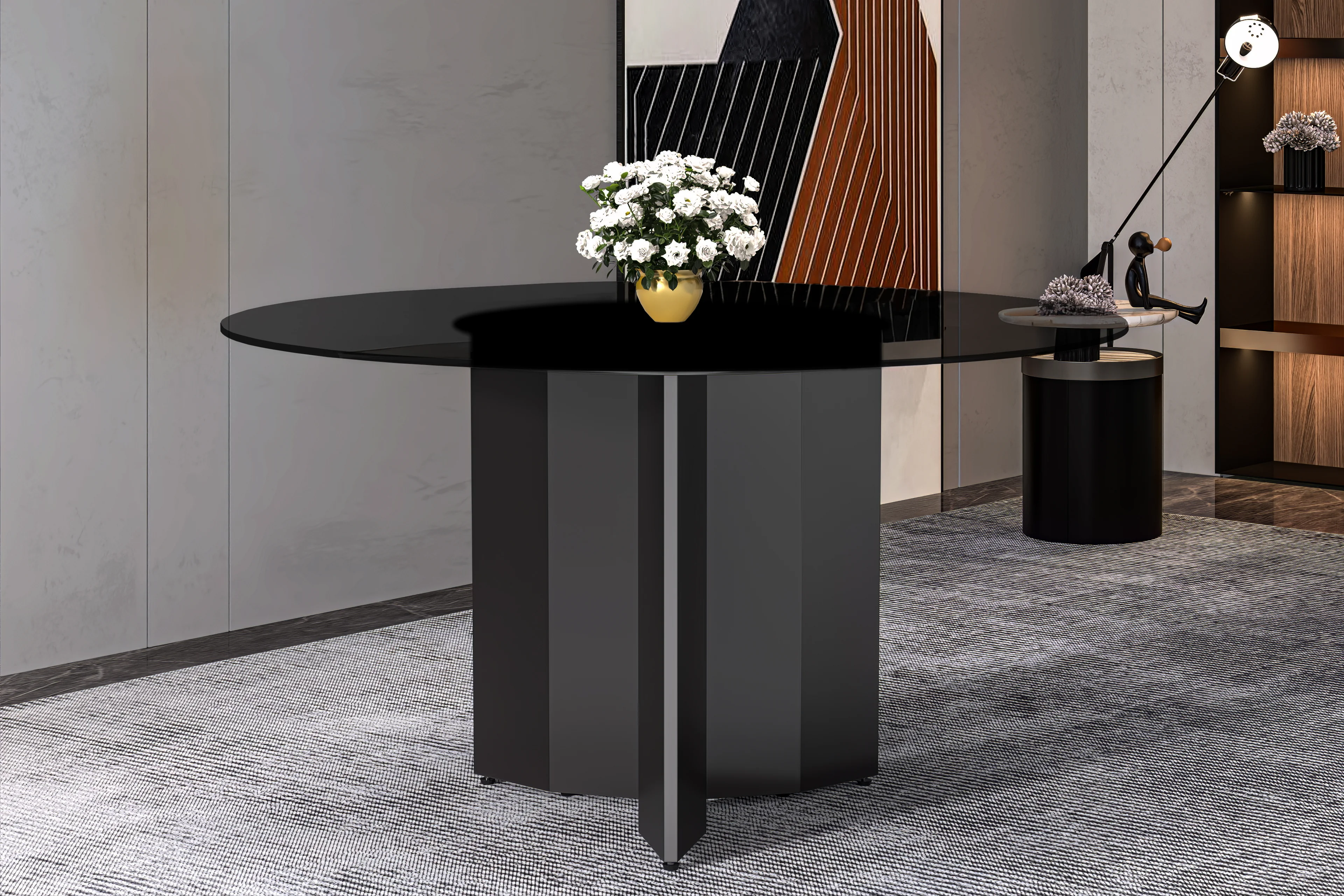 Zevro Series Round Dining Table Black Base with 71 Round BLack Glass Top