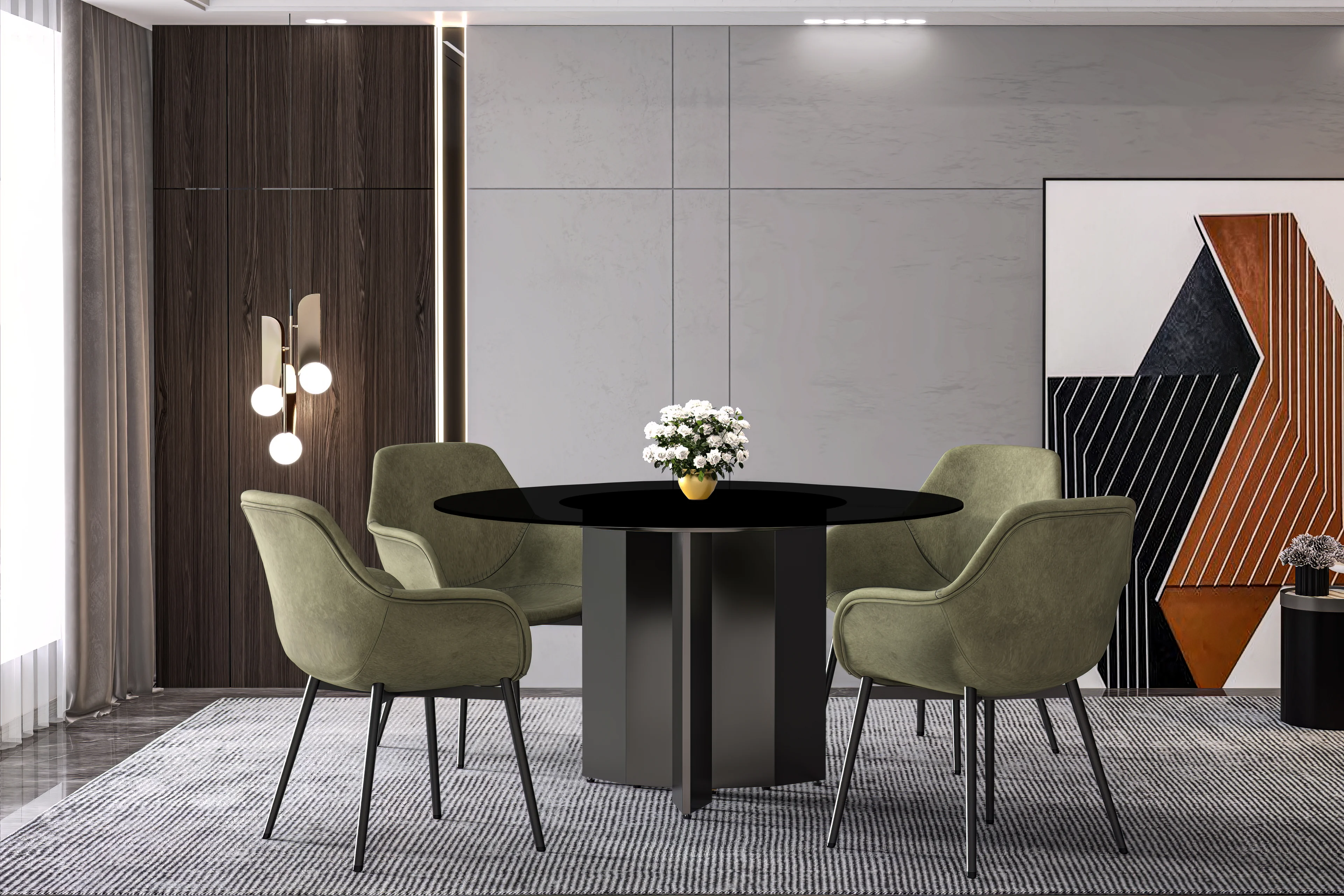 Zevro Series Round Dining Table Black Base with 71 Round BLack Glass Top