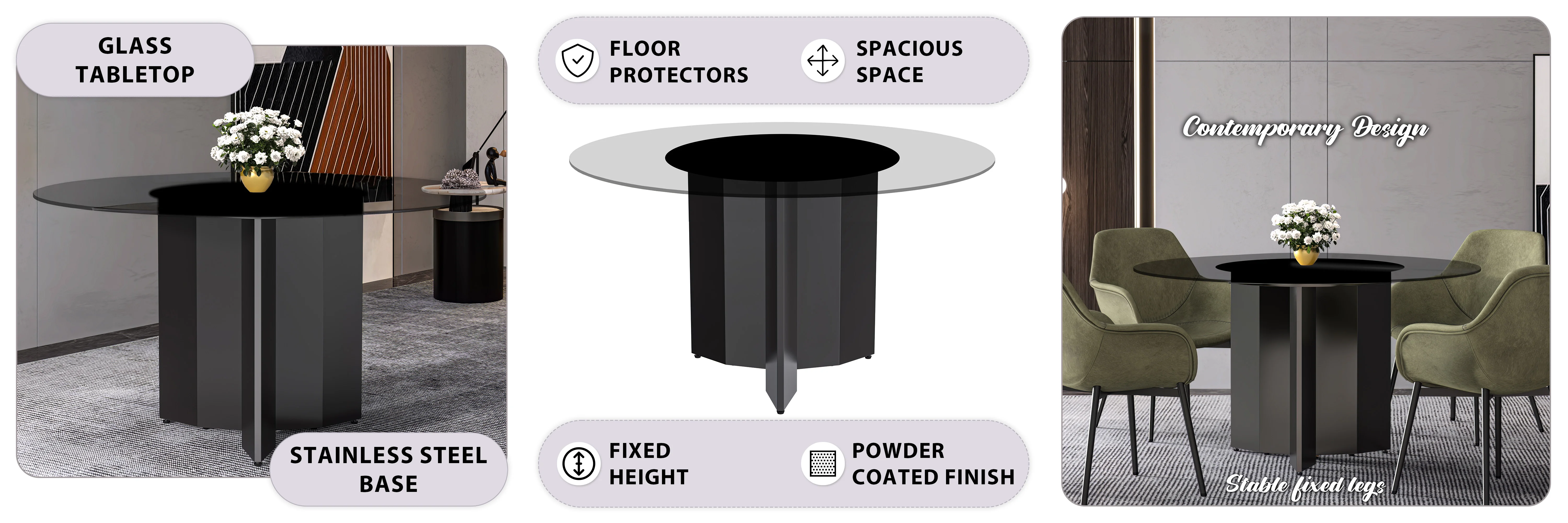Zevro Series Round Dining Table Black Base with 71 Round Clear Glass Top