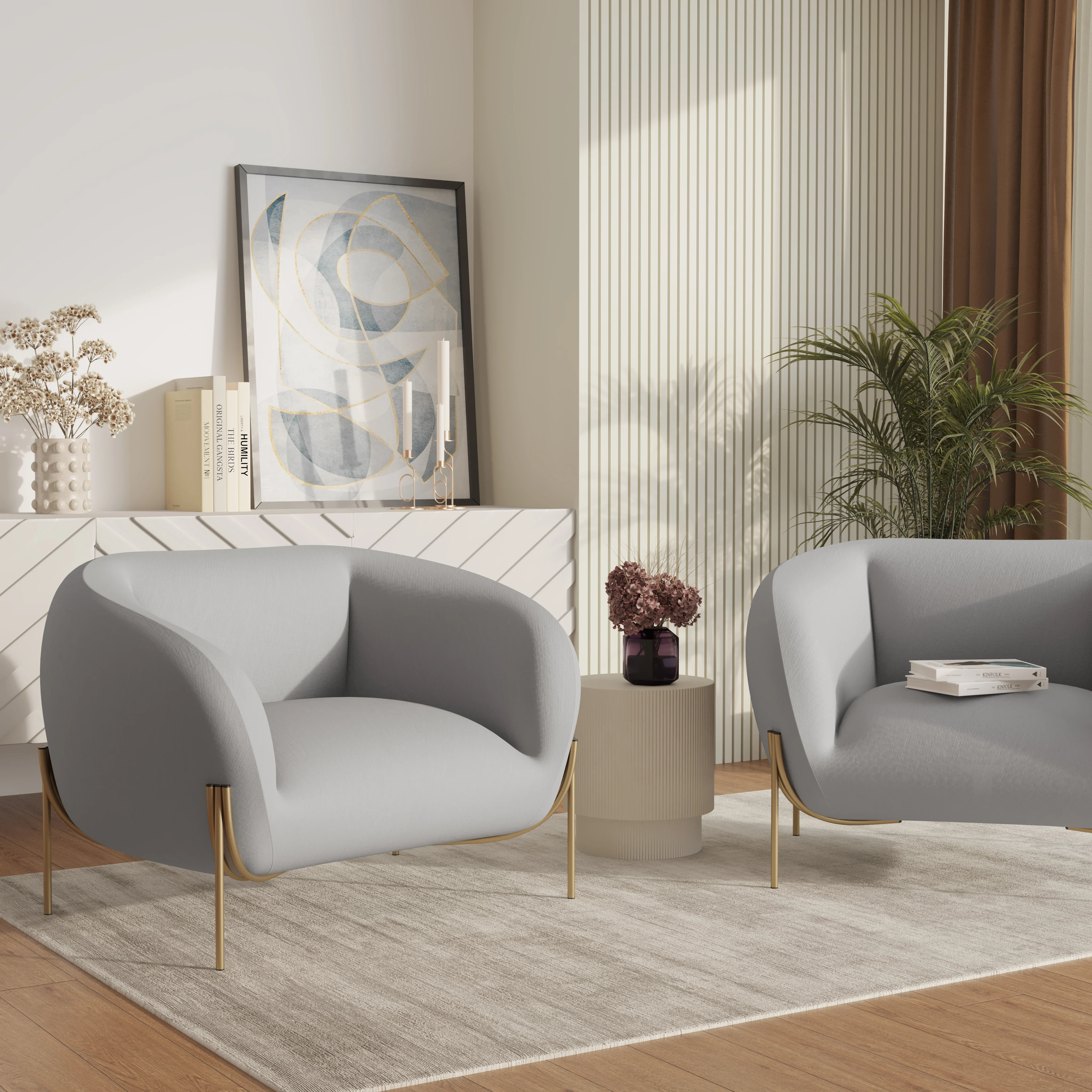 Zuno Collection Modern Single Seater Sofa in Light Grey Velvet