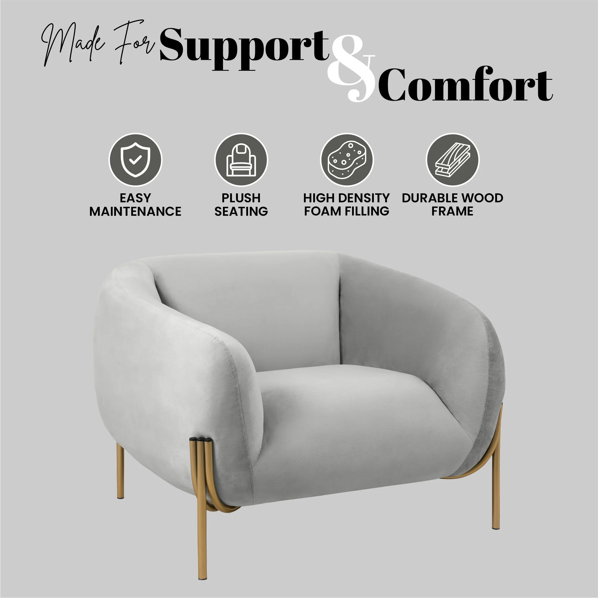 Zuno Collection Modern Single Seater Sofa in Light Grey Velvet