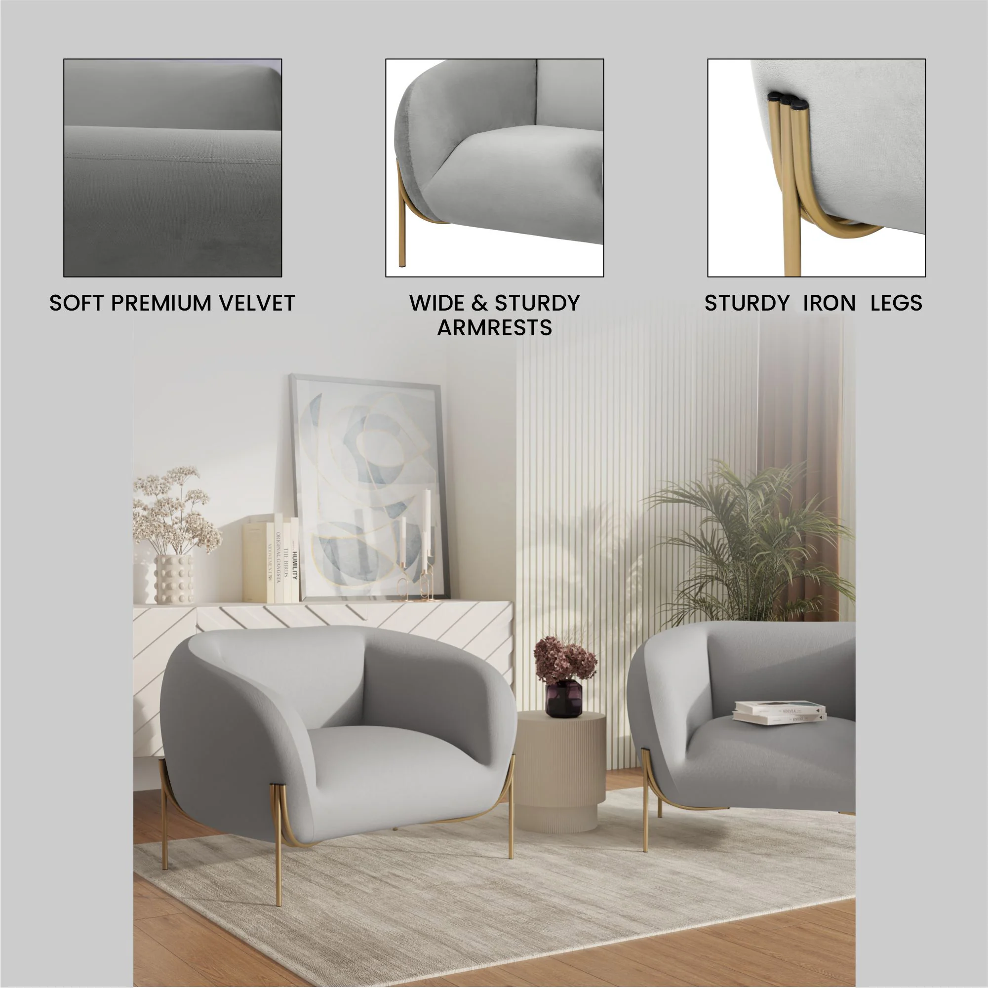 Zuno Collection Modern Single Seater Sofa in Light Grey Velvet