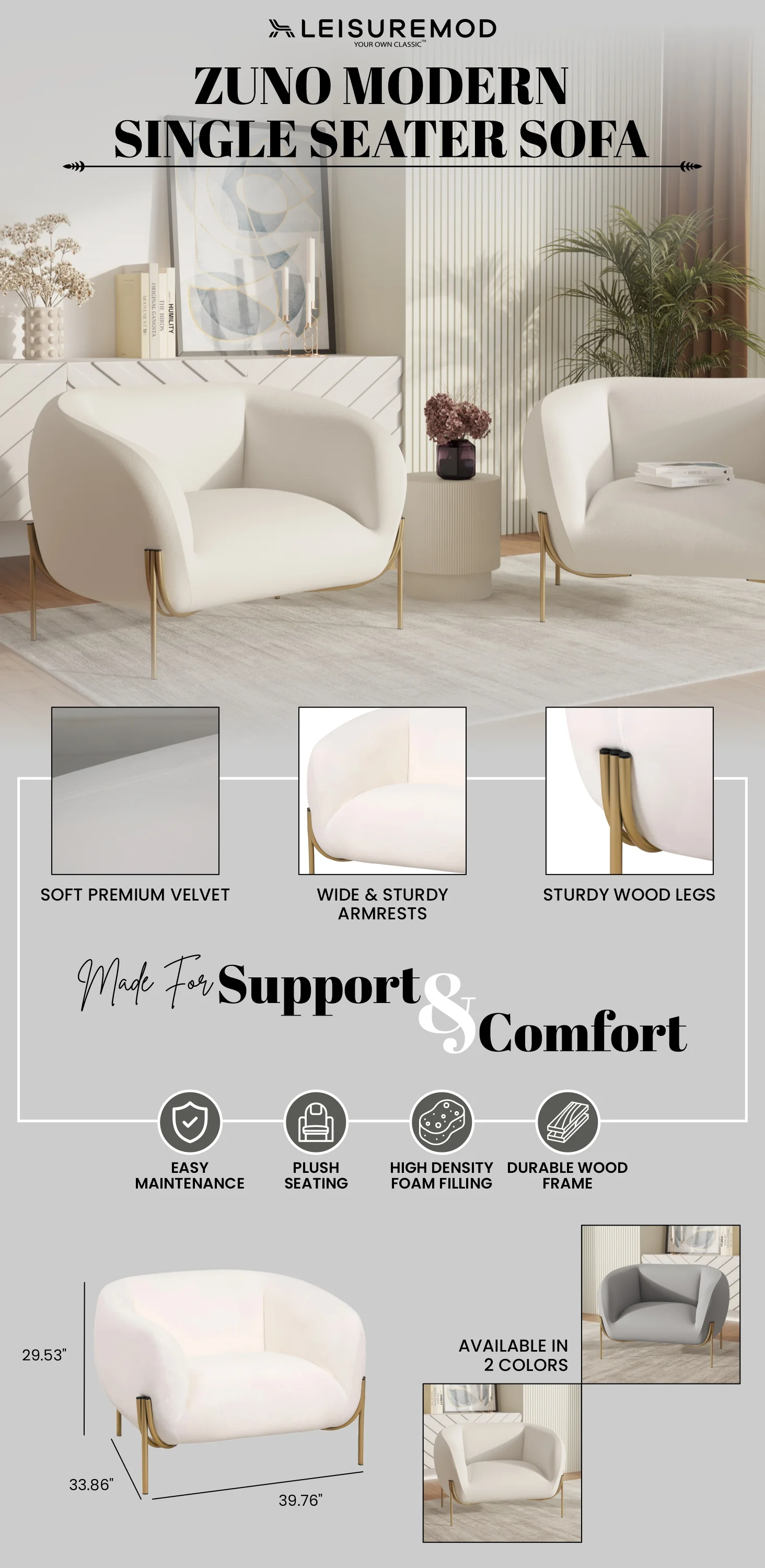 Zuno Collection Modern Single Seater Sofa in White Velvet