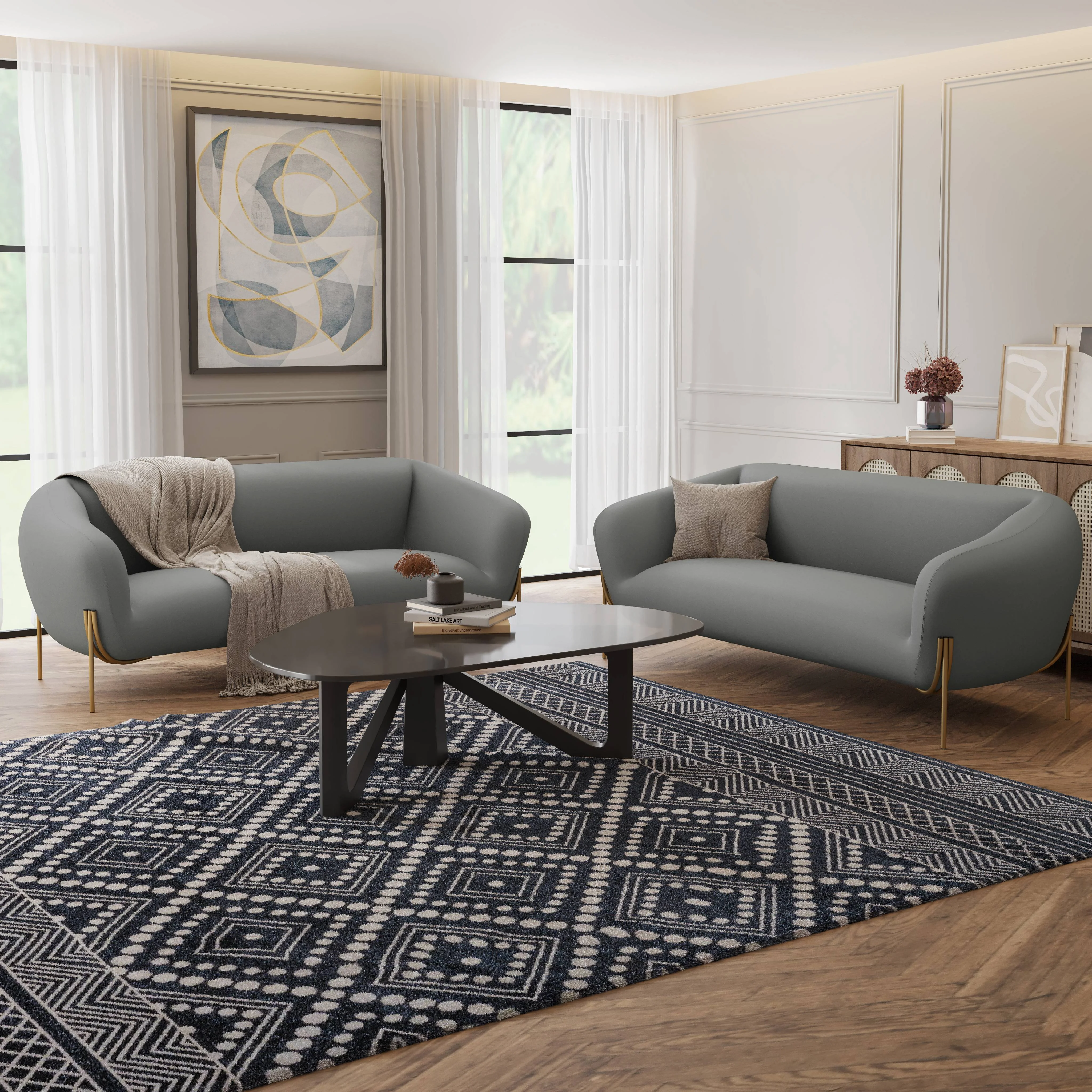 Zuno Three-Seater Sofa Upholstered in Velvet Wide Couch with Powder-Coated Gold Iron Legs Padded Seat