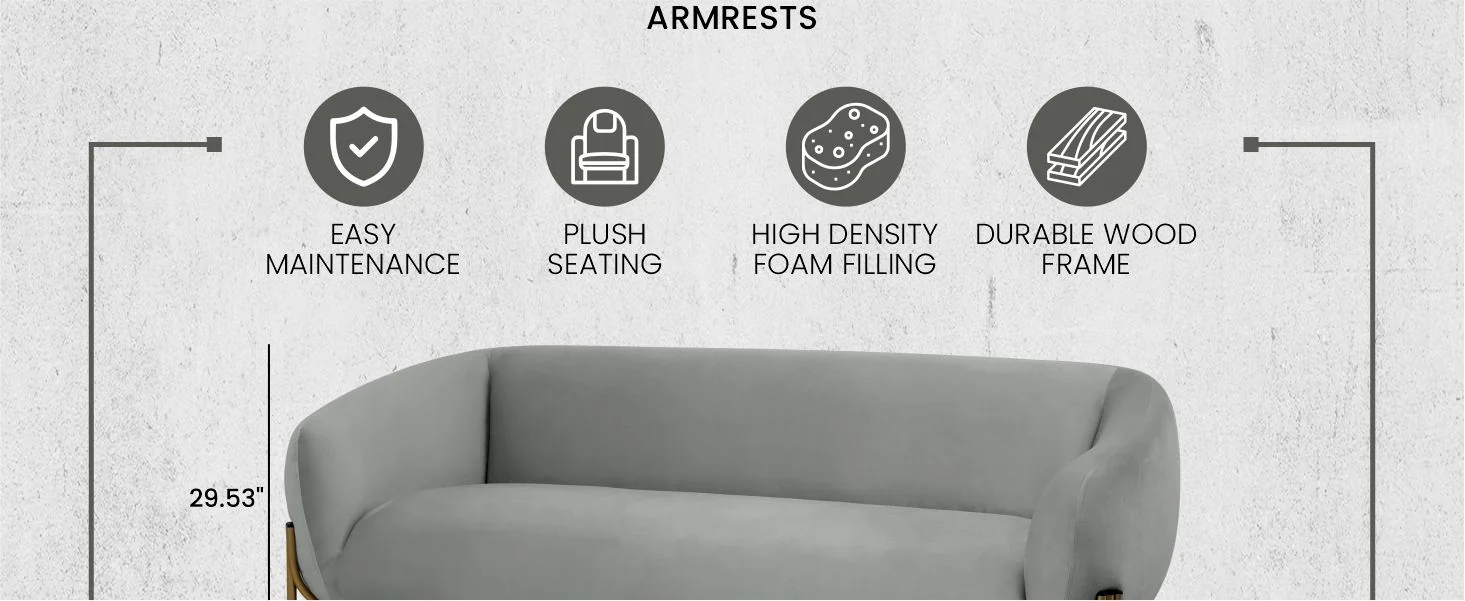 Zuno Three-Seater Sofa Upholstered in Velvet Wide Couch with Powder-Coated Gold Iron Legs Padded Seat