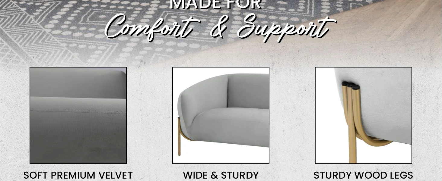 Zuno Three-Seater Sofa Upholstered in Velvet Wide Couch with Powder-Coated Gold Iron Legs Padded Seat