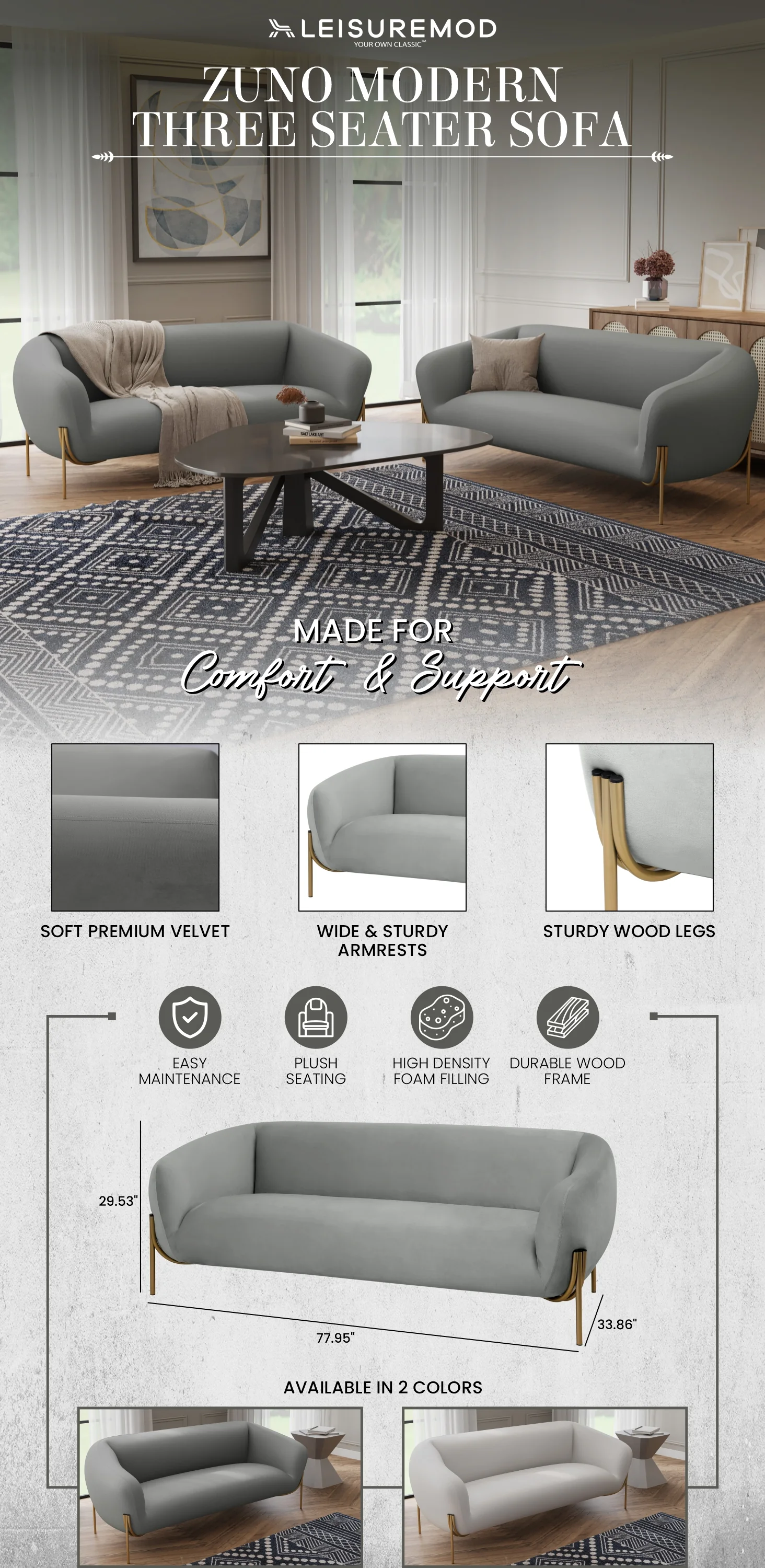 Zuno Three-Seater Sofa Upholstered in Velvet Wide Couch with Powder-Coated Gold Iron Legs Padded Seat