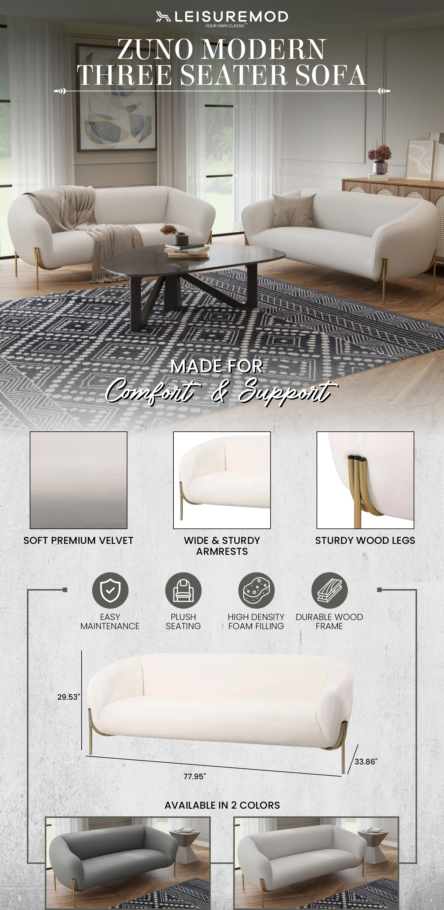 Zuno Three-Seater Sofa Upholstered in Velvet Wide Couch with Powder-Coated Gold Iron Legs Padded Seat