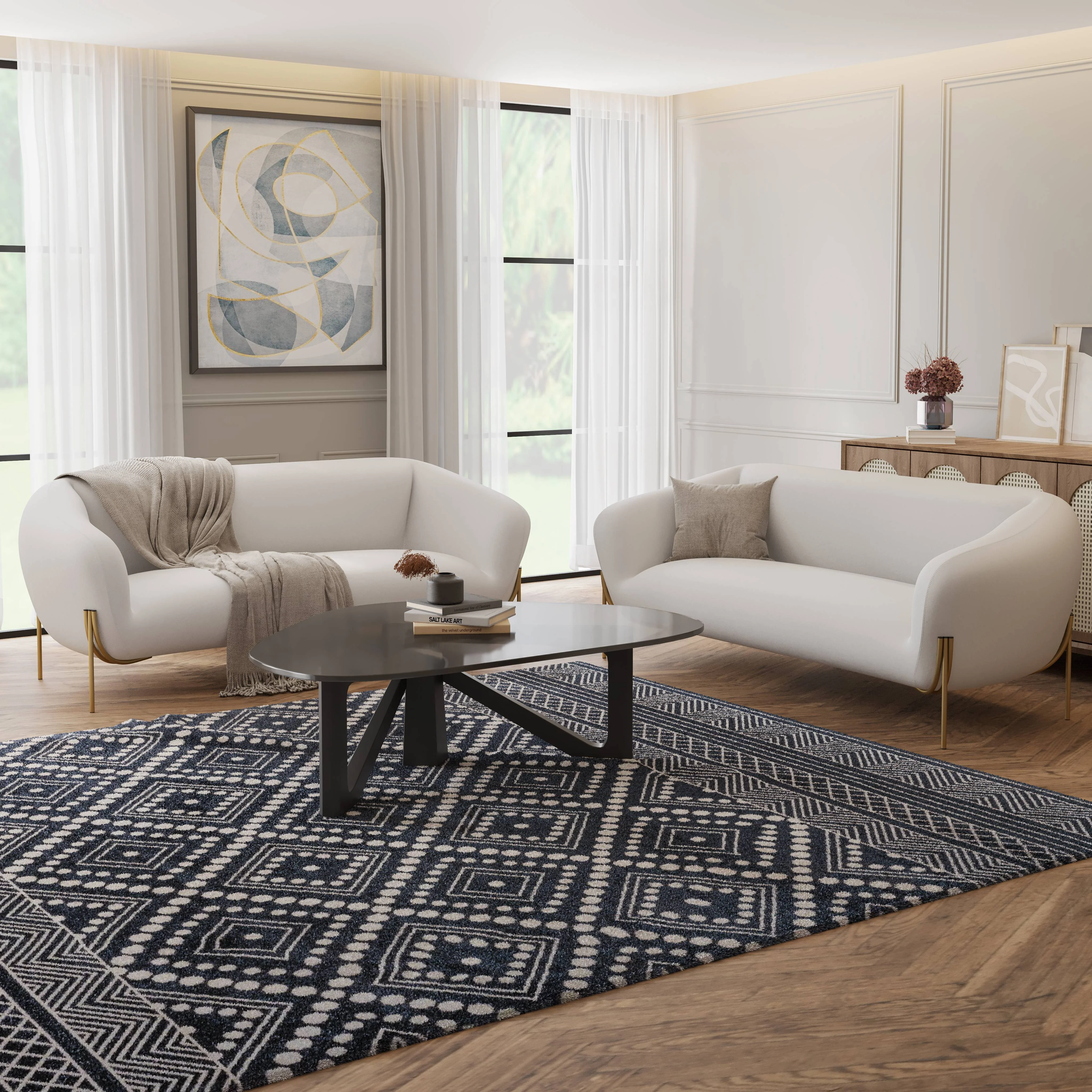 Zuno Three-Seater Sofa Upholstered in Velvet Wide Couch with Powder-Coated Gold Iron Legs Padded Seat