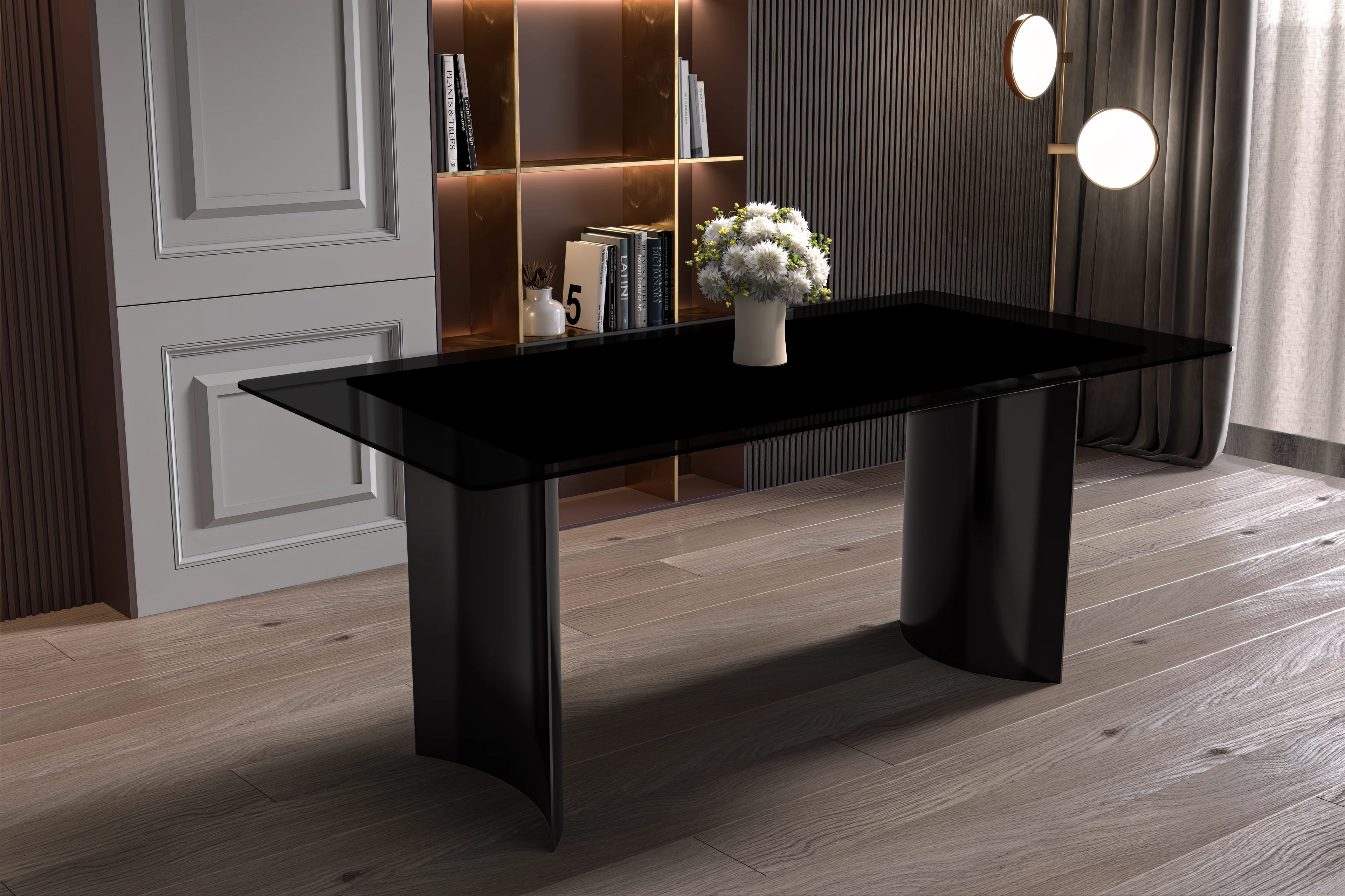 Zara Series Modern Dining Table Black Stainless Steel Base, With 55 Black Glass Top