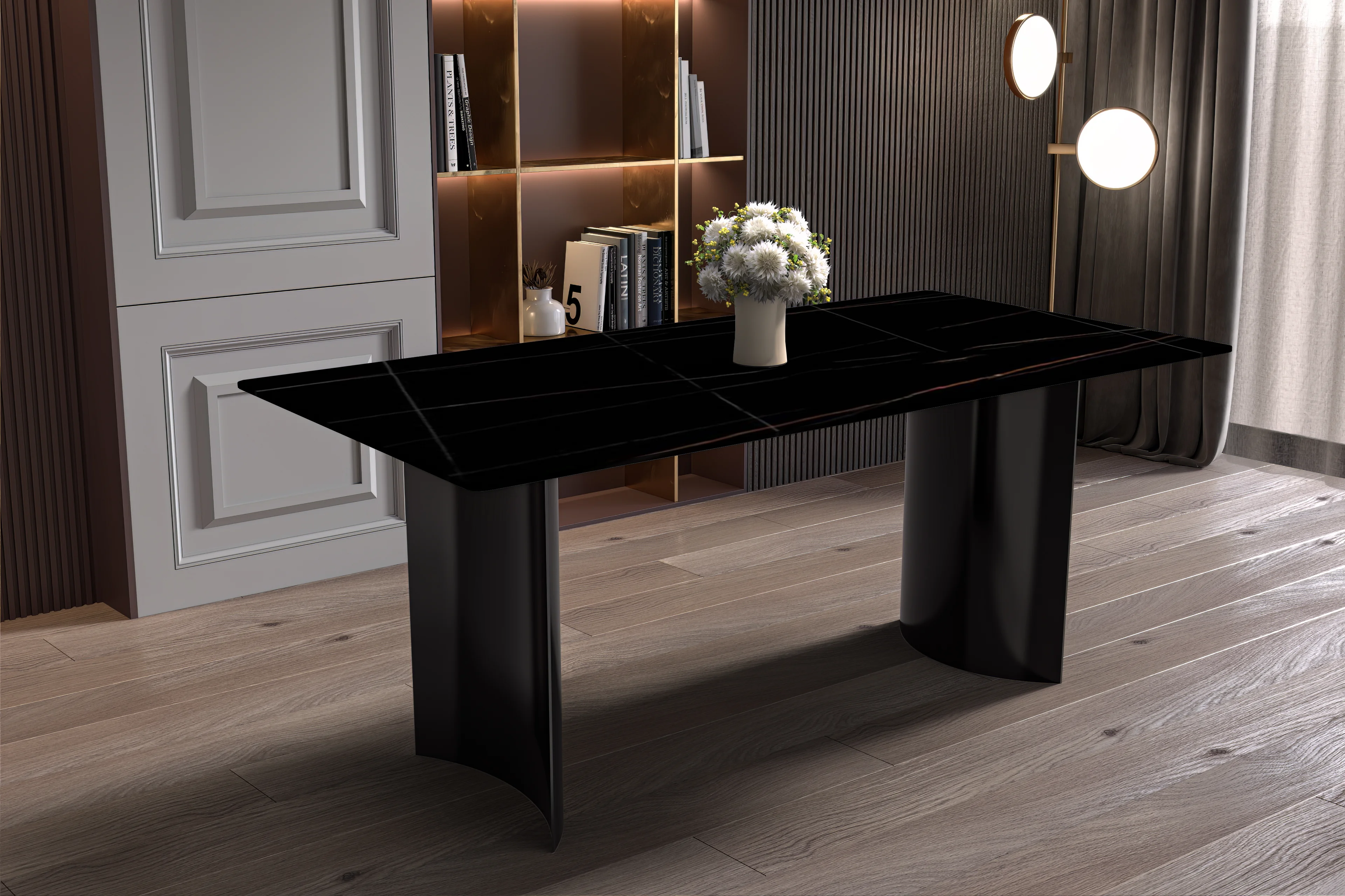 Zara Series Modern Dining Table Black Stainless Steel Base, With 55 Black/Gold Sintered Stone Top
