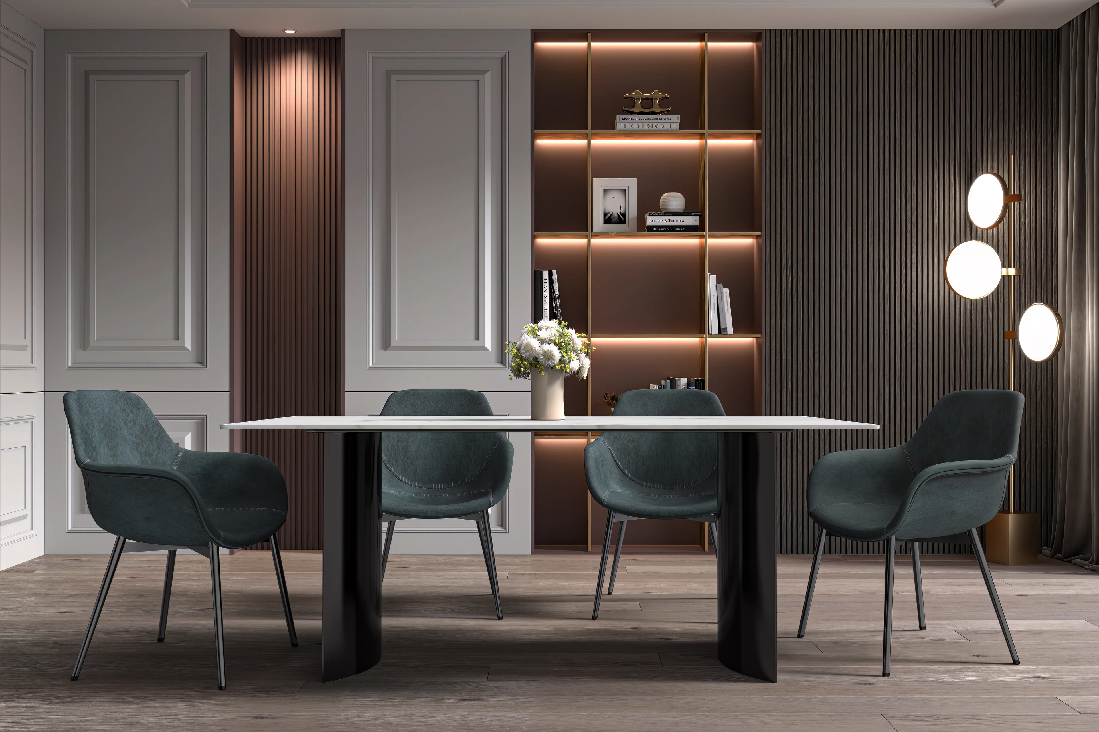 Zara Series Modern Dining Table Black Stainless Steel Base, With 55 White Sintered Stone Top