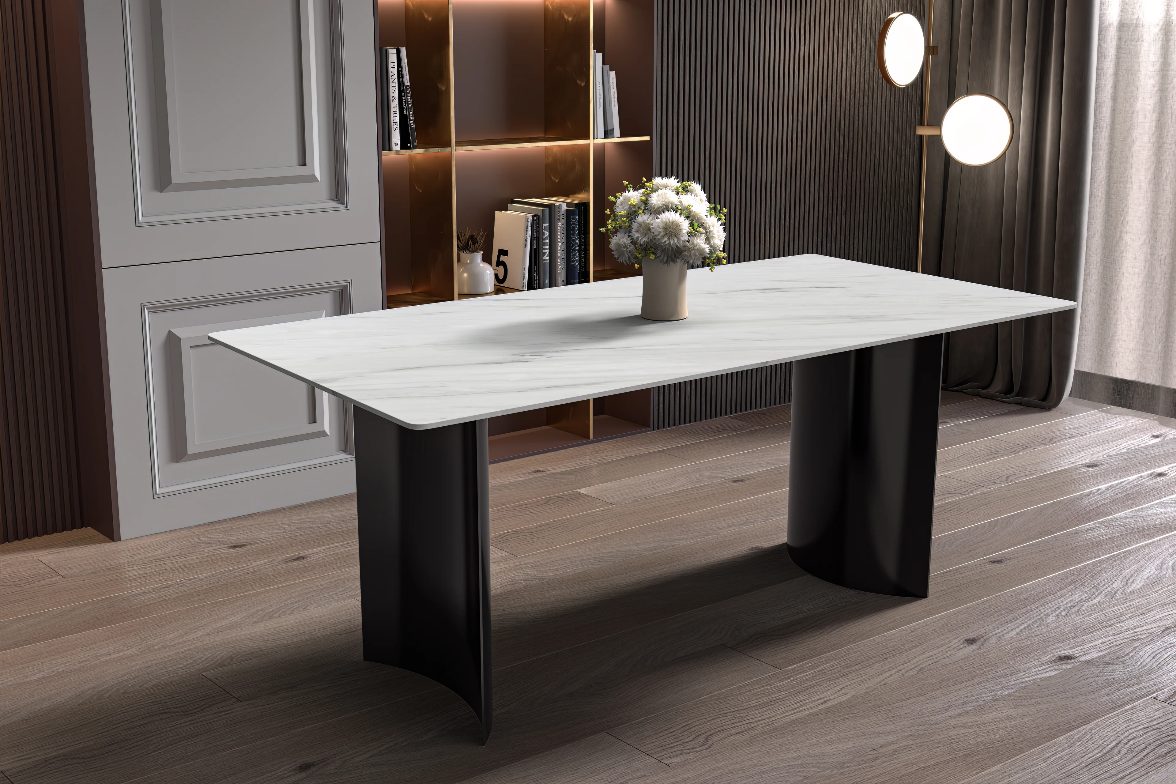 Zara Series Modern Dining Table Black Stainless Steel Base, With 55 White Sintered Stone Top