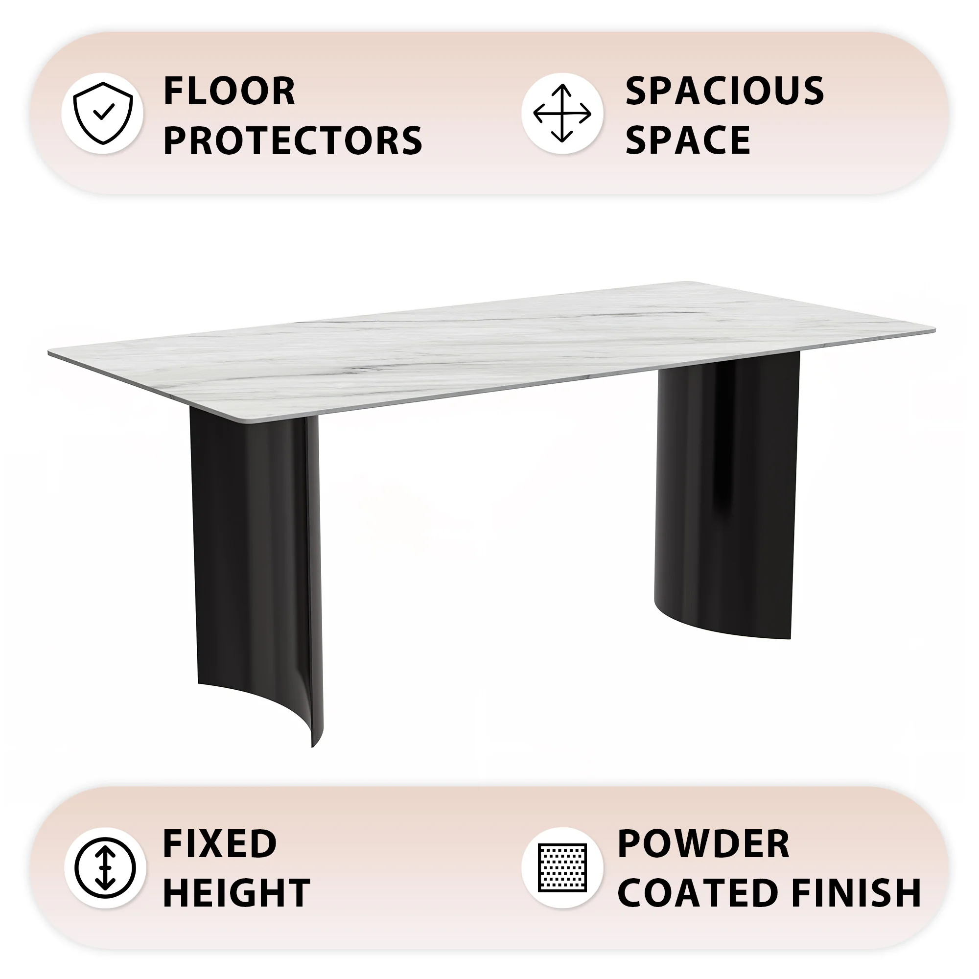 Zara Series Modern Dining Table Black Stainless Steel Base, With 55 White Sintered Stone Top