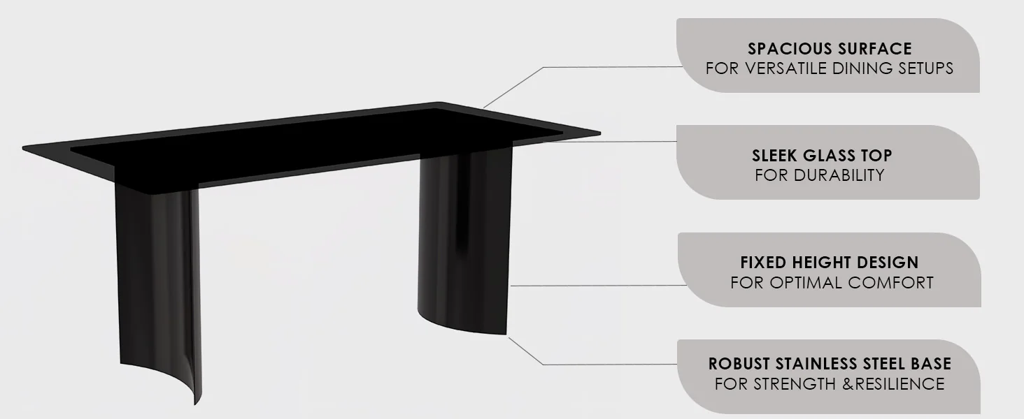 Zara Series Modern Dining Table Black Stainless Steel Base, With 62 Black Glass Top