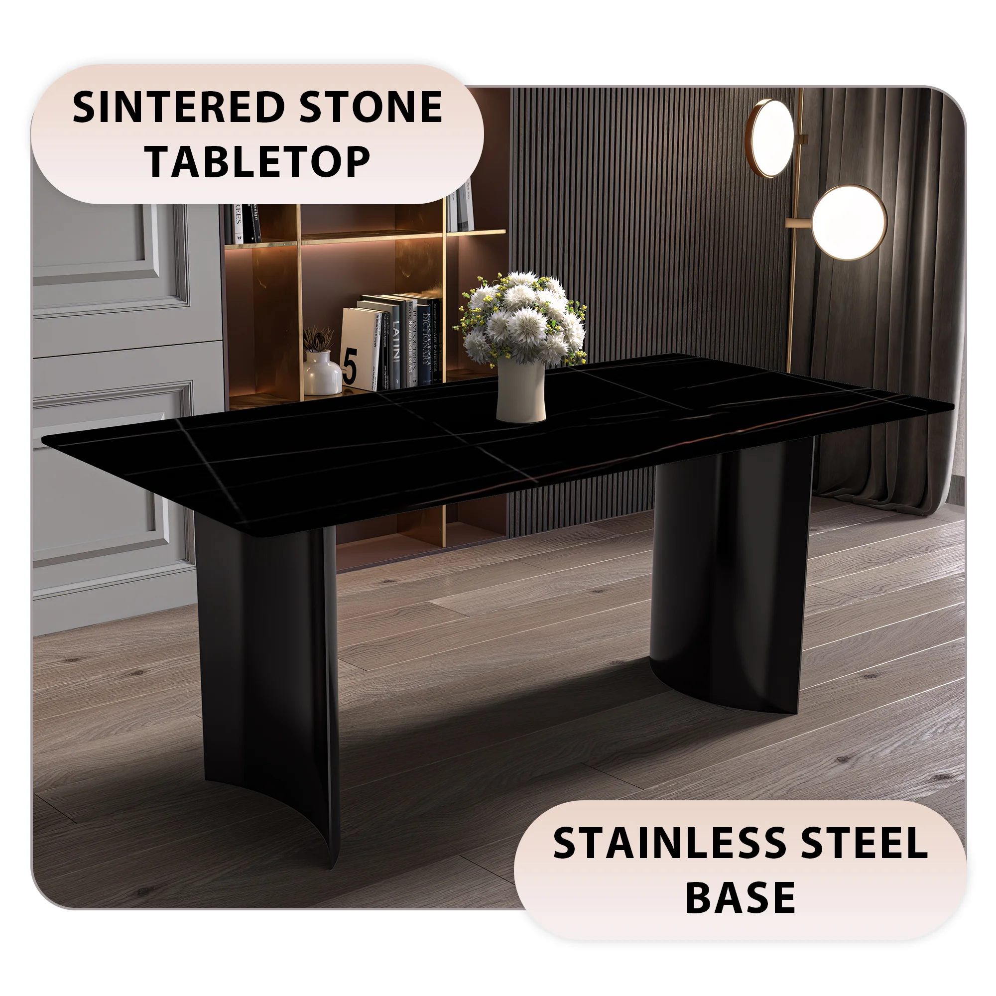 Zara Series Modern Dining Table Black Stainless Steel Base, With 62 Black/Gold Sintered Stone Top