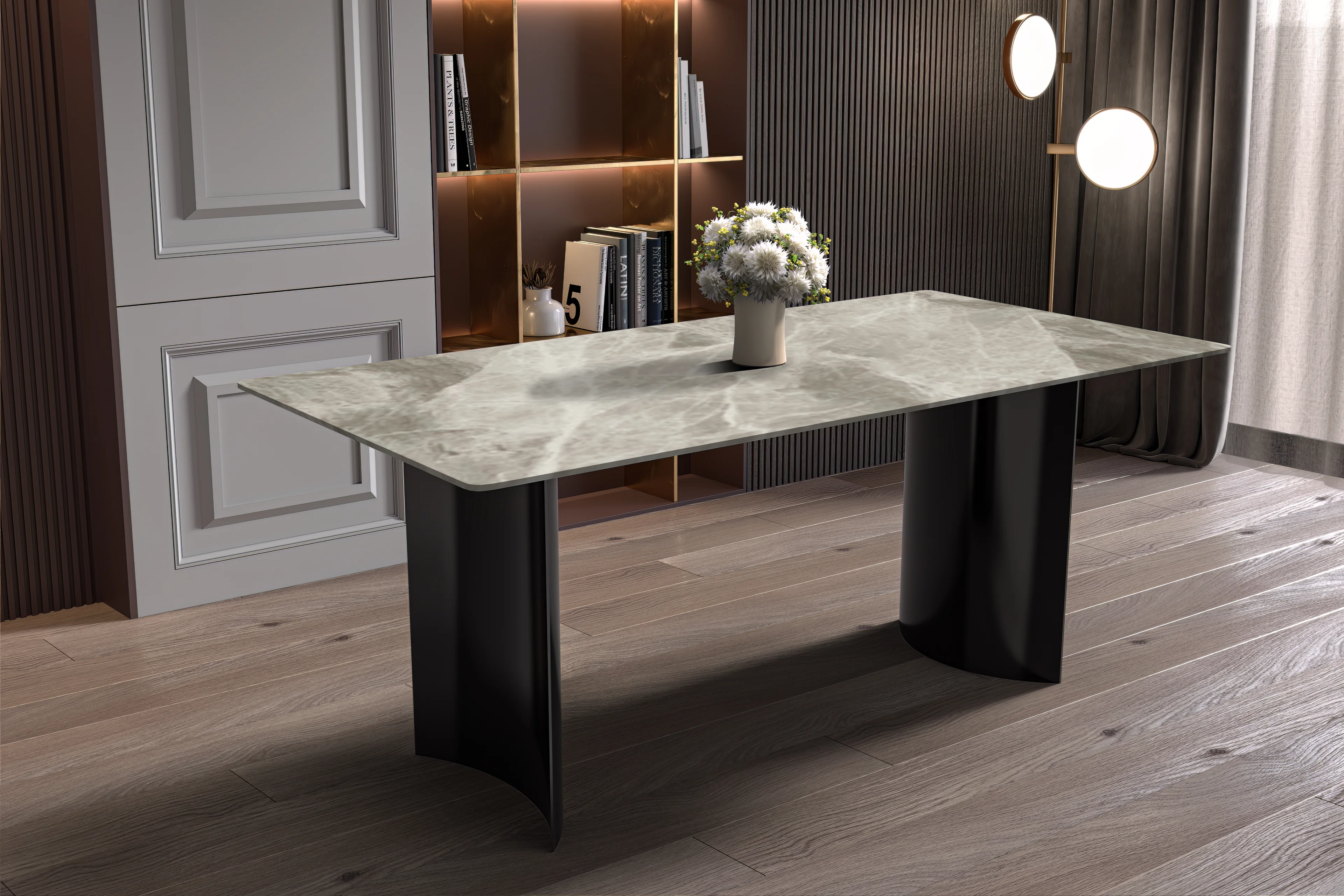 Zara Series Modern Dining Table Black Stainless Steel Base, With 62 Deep Grey Sintered Stone Top