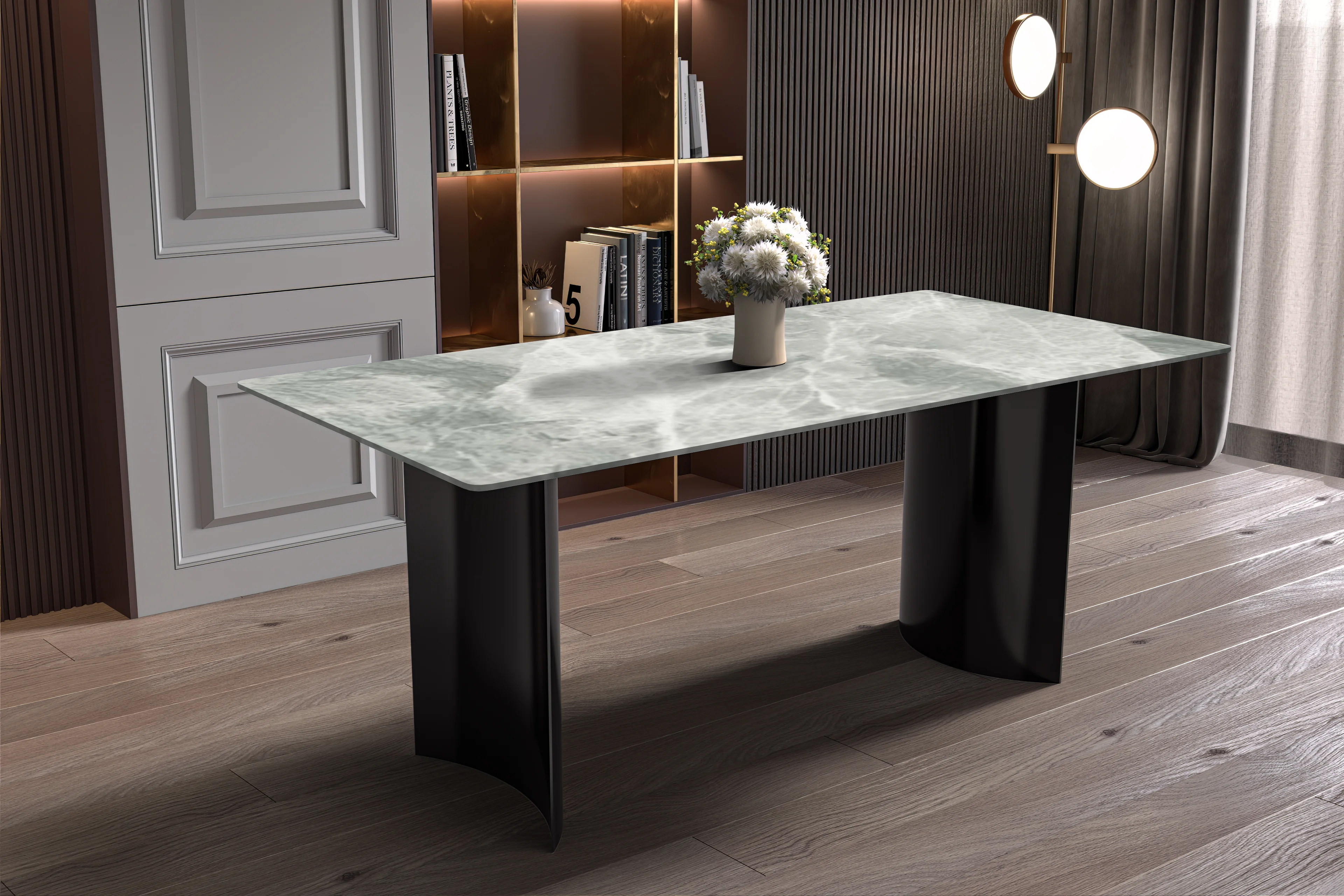 Zara Series Modern Dining Table Black Stainless Steel Base, With 62 Light Grey Sintered Stone Top