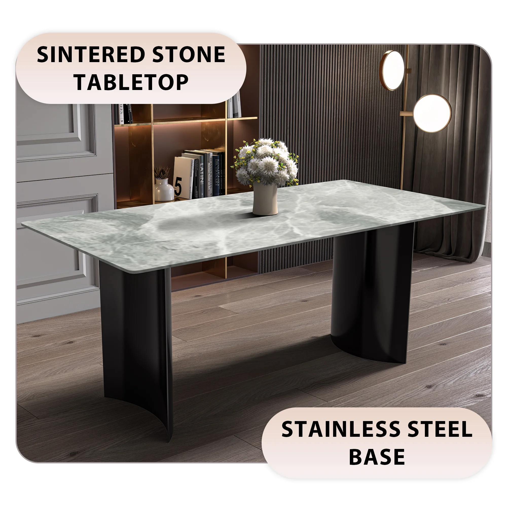 Zara Series Modern Dining Table Black Stainless Steel Base, With 62 Light Grey Sintered Stone Top