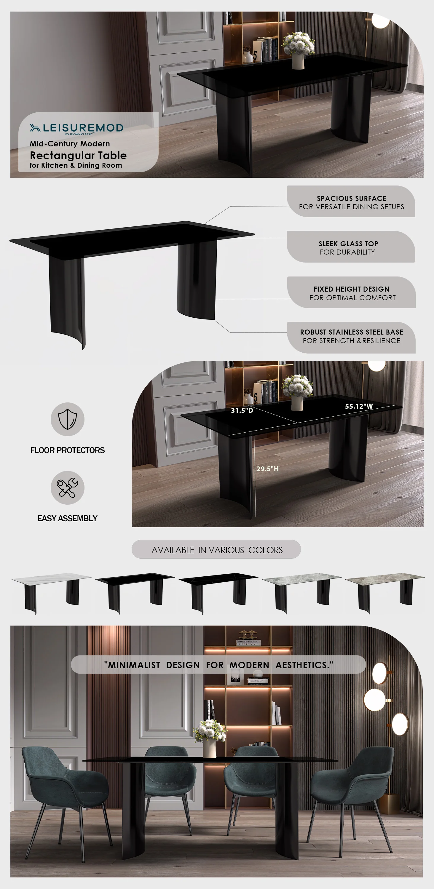 Zara Series Modern Dining Table Black Stainless Steel Base, With 71 Black Glass Top