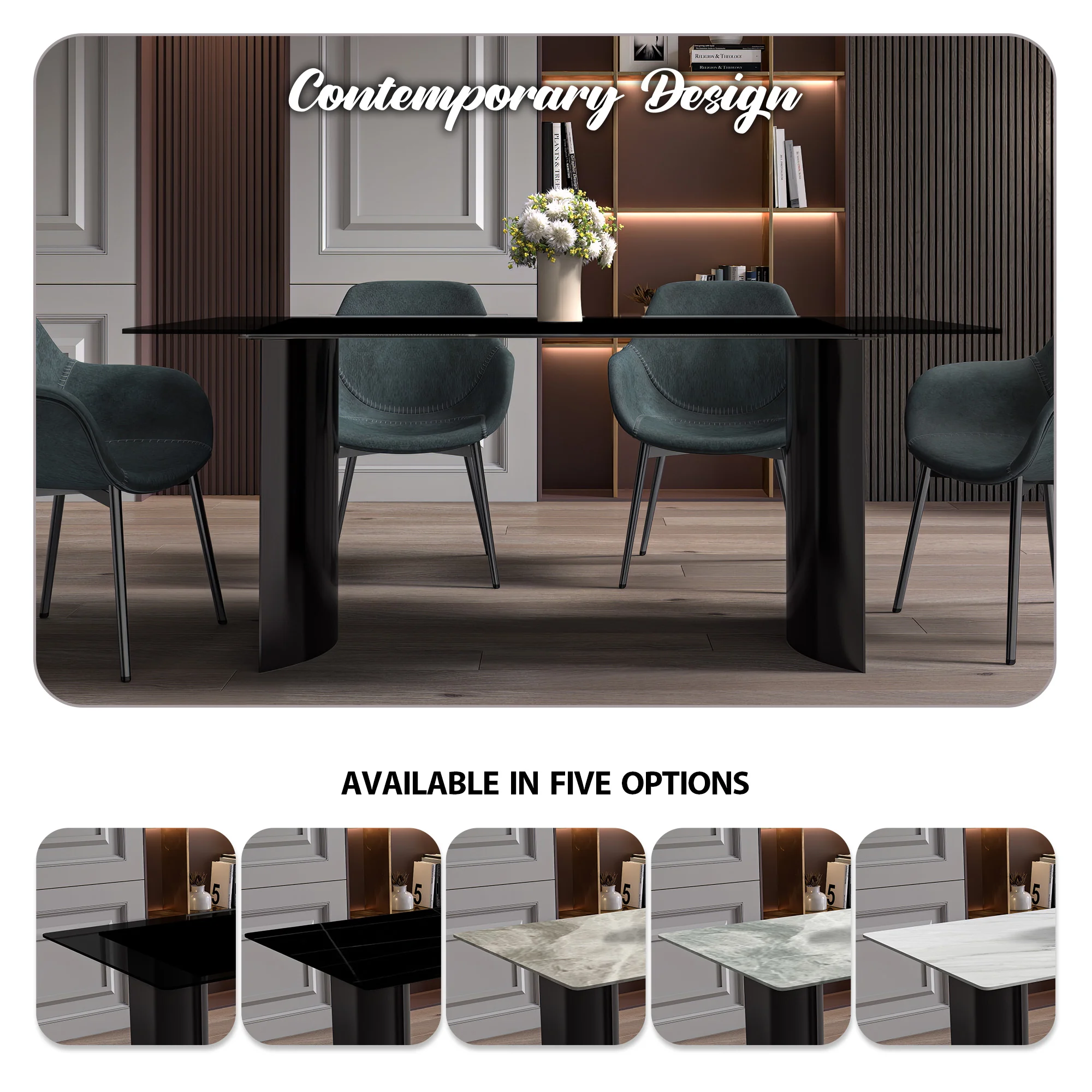 Zara Series Modern Dining Table Black Stainless Steel Base, With 71 Black Glass Top