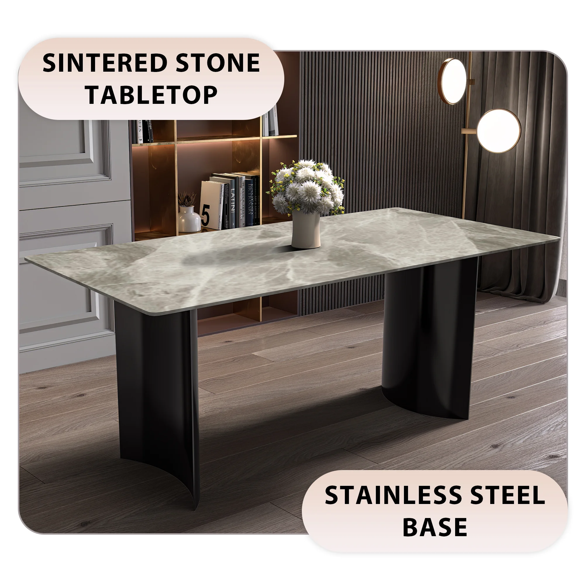 Zara Series Modern Dining Table Black Stainless Steel Base, With 71 Deep Grey Sintered Stone Top