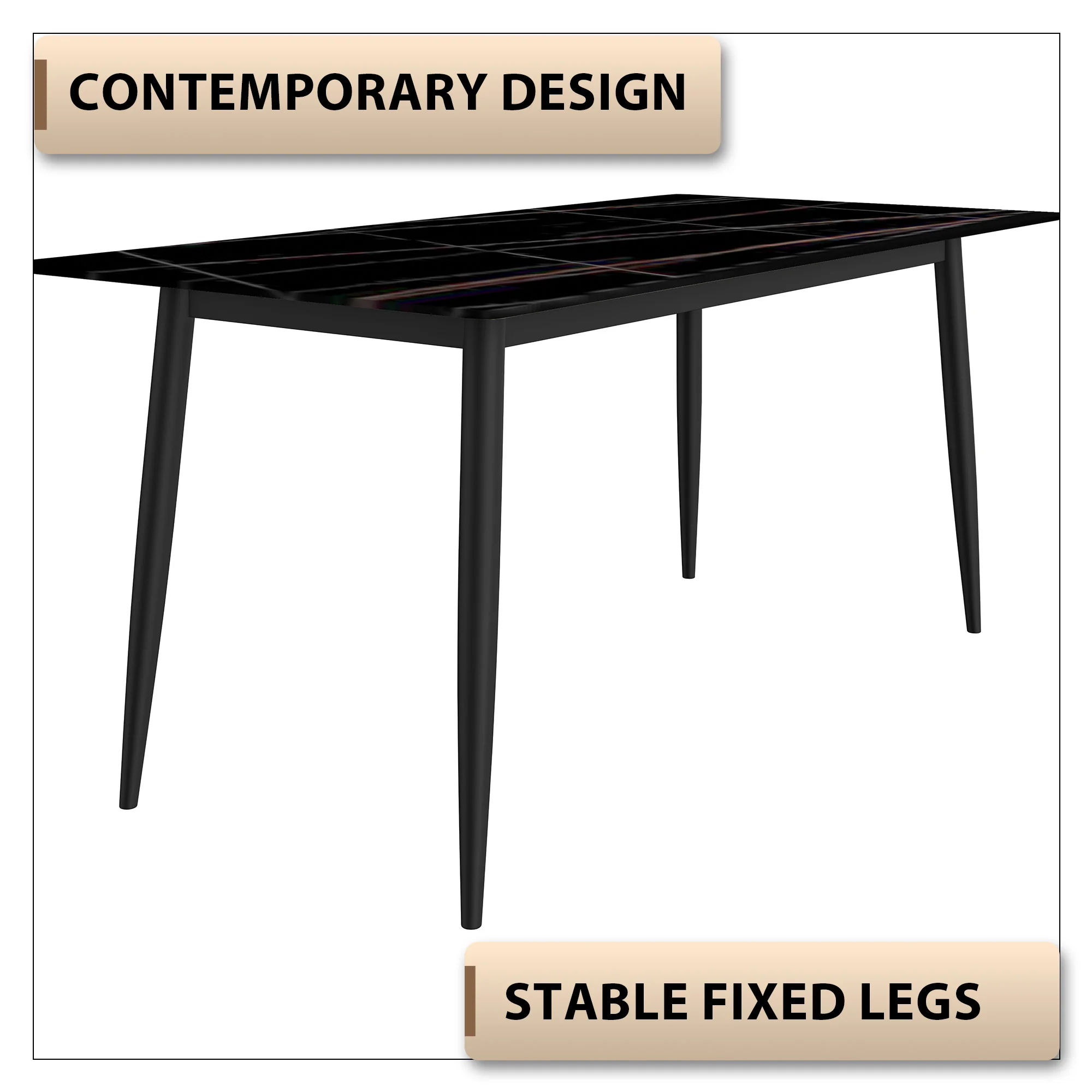 Zayle Series Modern Dining Table Black Base, With 55 Black/Gold Sintered Stone Top