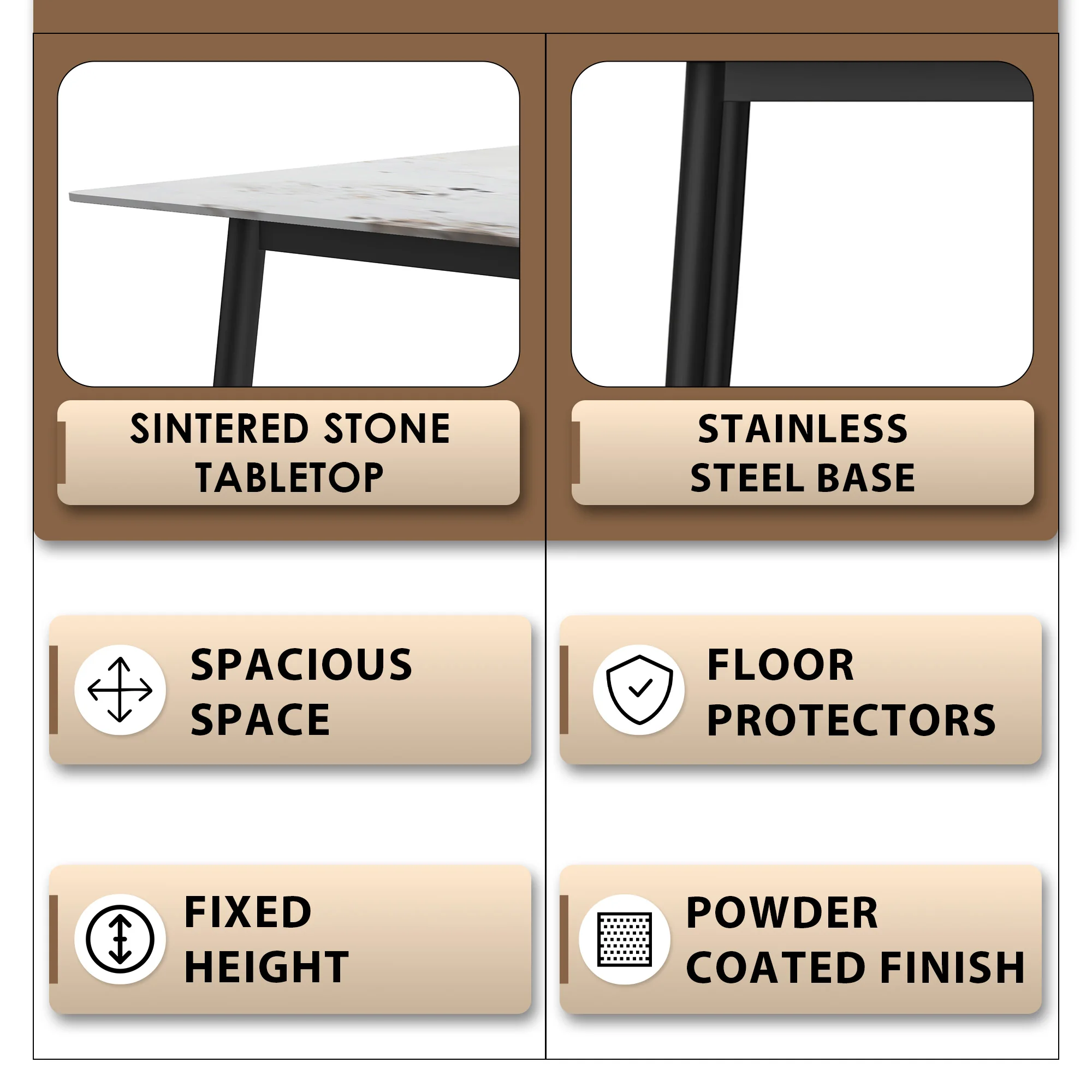 Zayle Series Modern Dining Table Black Base, With 55 White Grey Sintered Stone Top