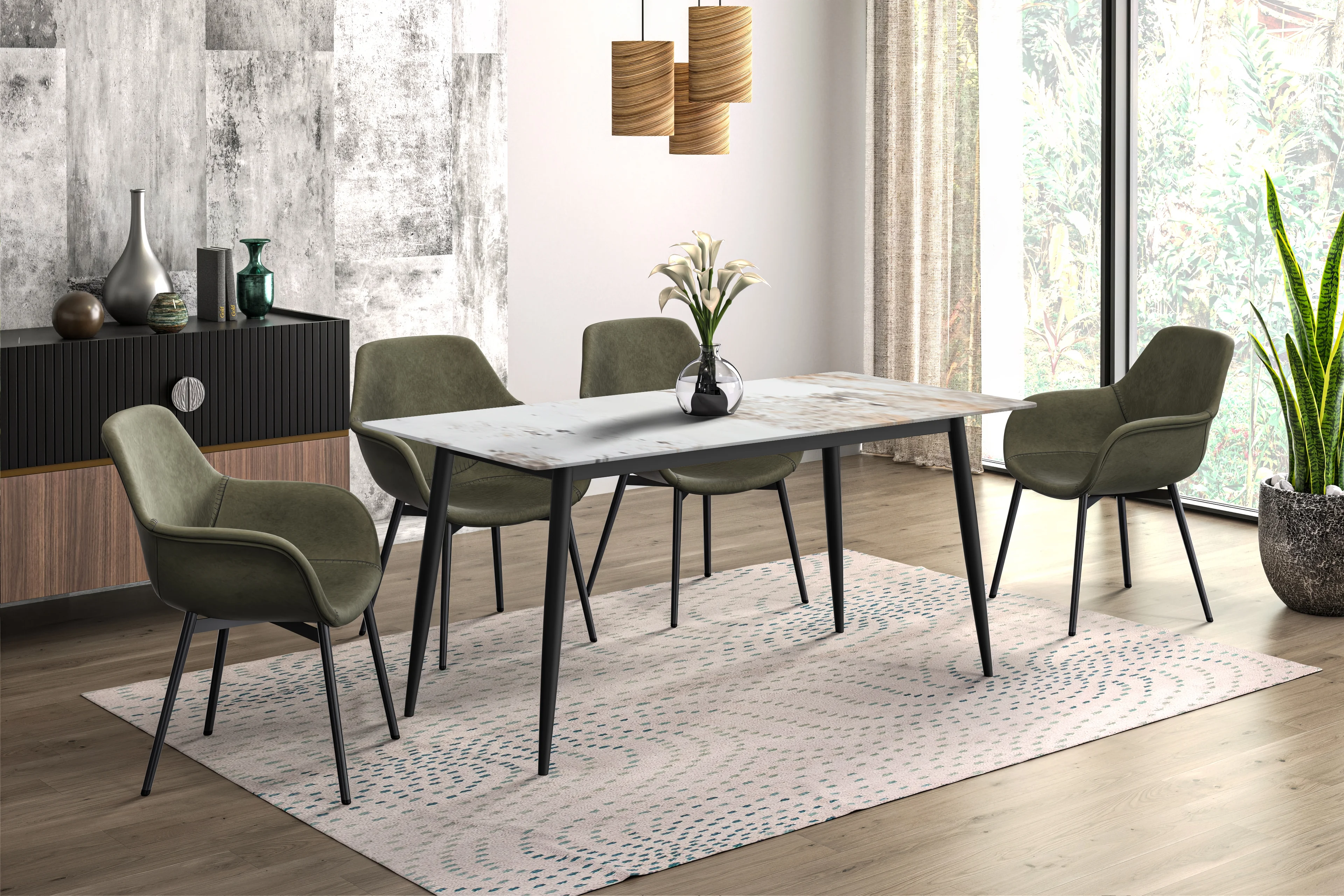 Zayle Series Modern Dining Table Black Base, With 55 White Grey Sintered Stone Top