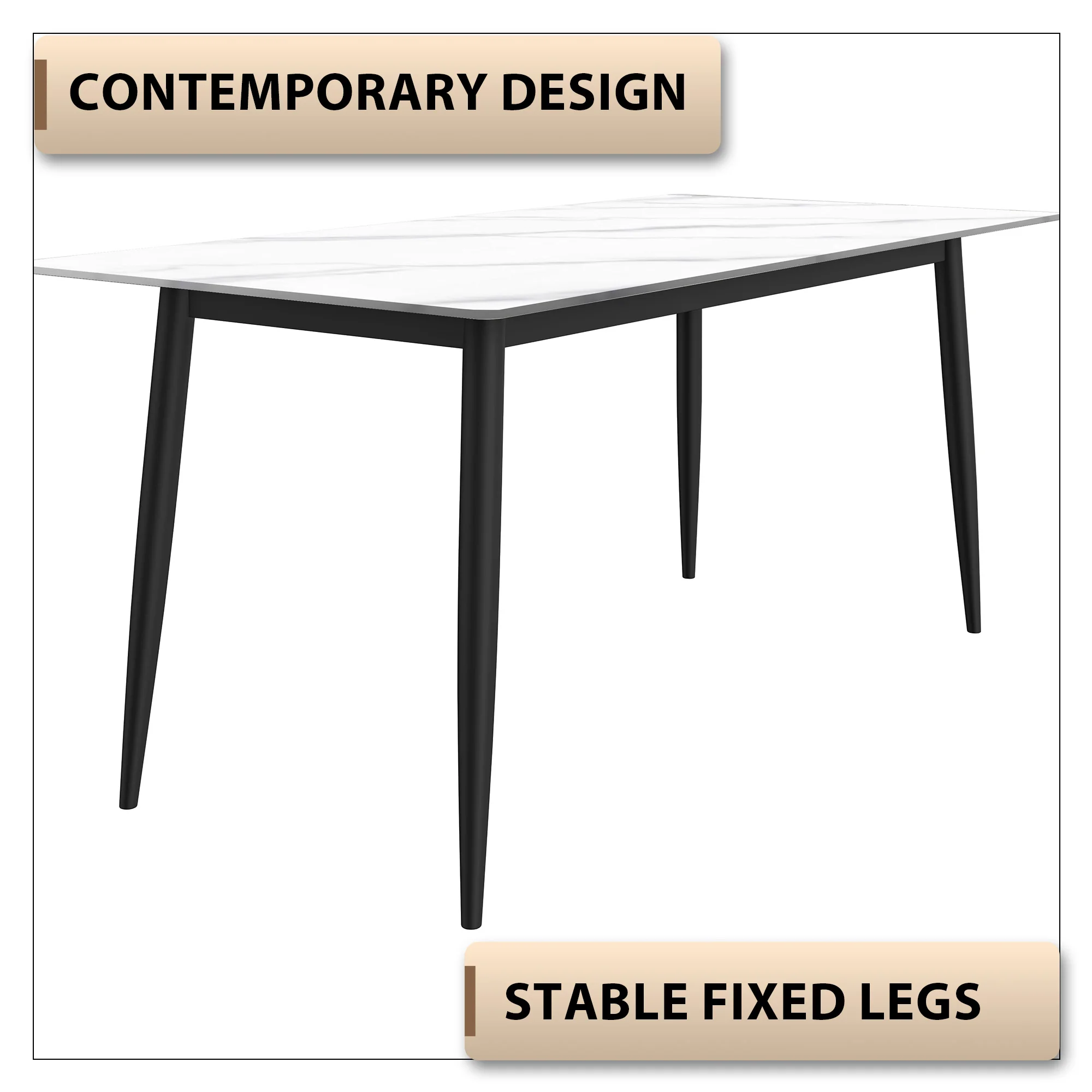 Zayle Series Modern Dining Table Black Base, With 55 White Sintered Stone Top