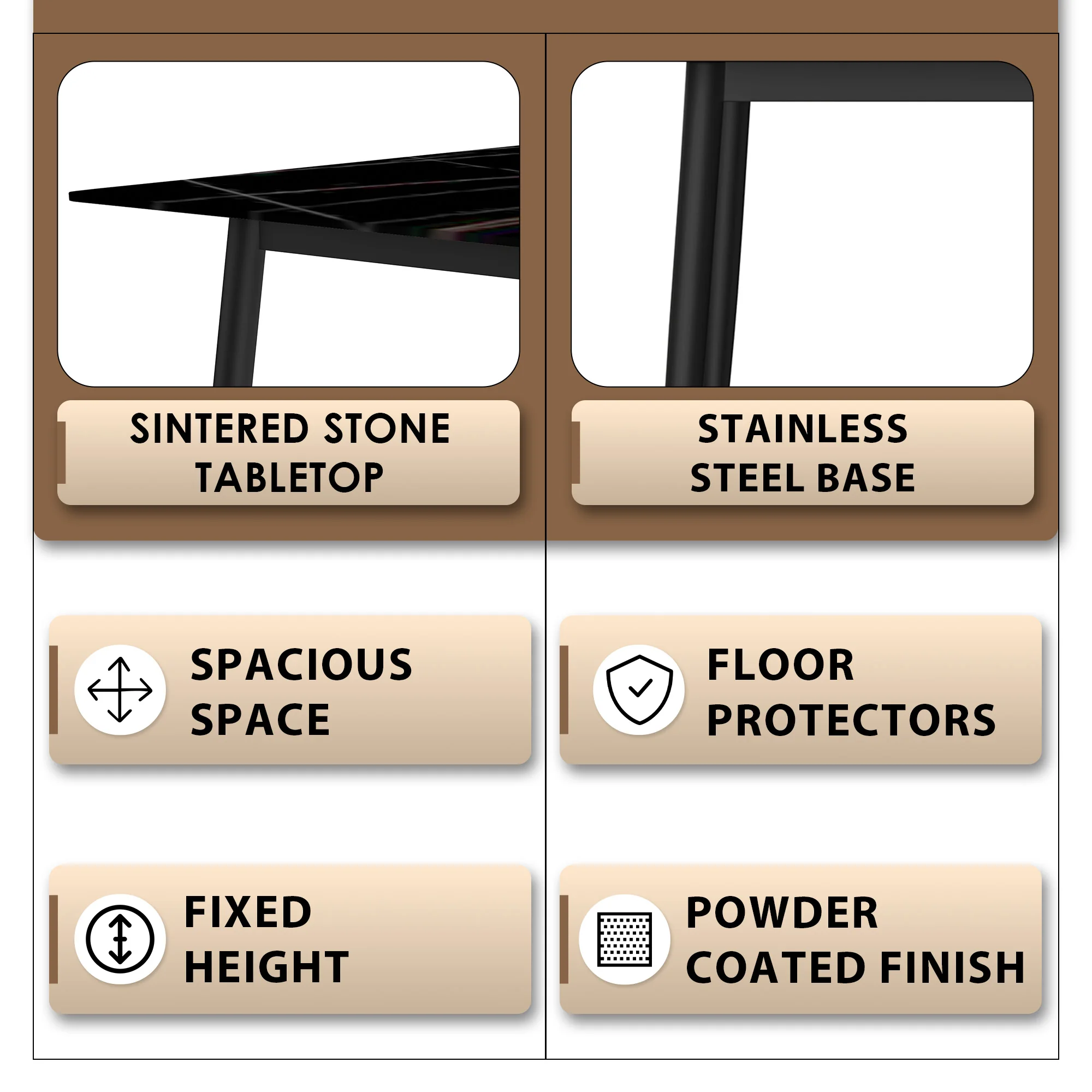 Zayle Series Modern Dining Table Black Base, With 62 Black/Gold Sintered Stone Top