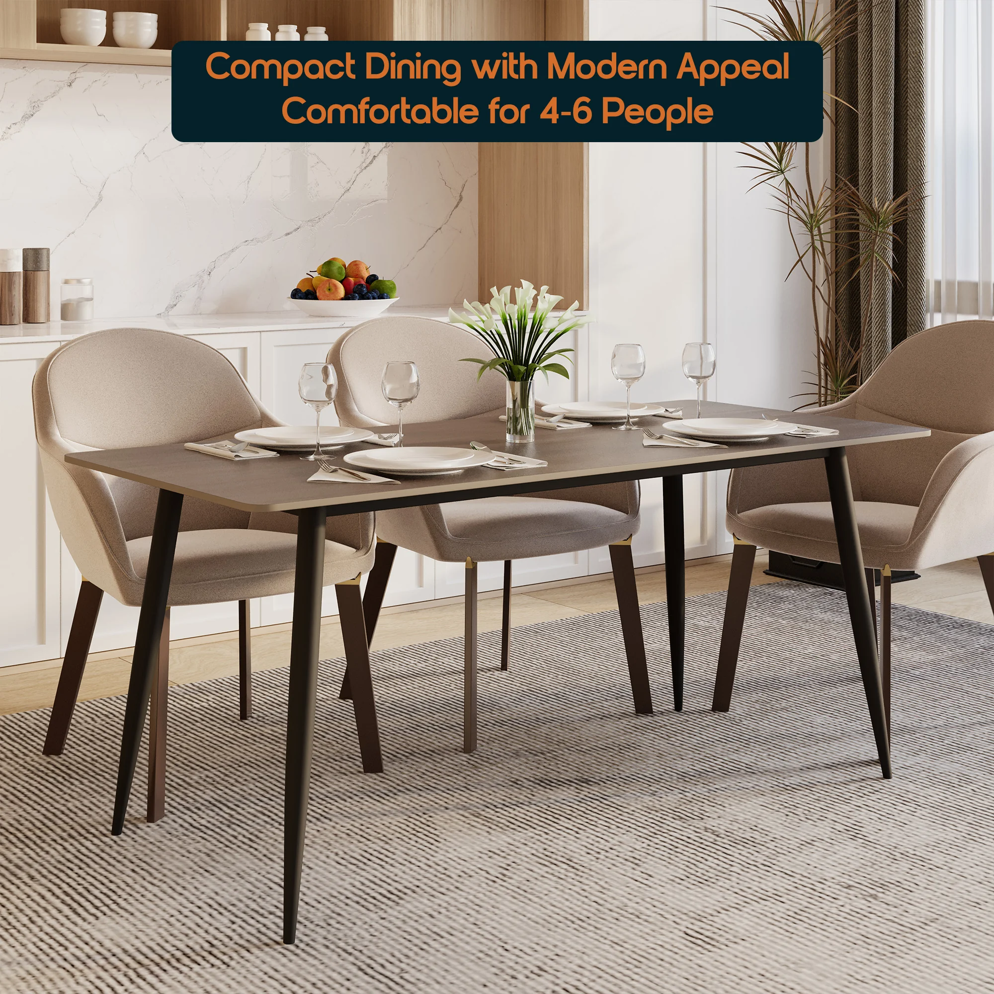 Zayle 62" Rectangle Sintered Stone Dining Table in Red Oak with BLack Base