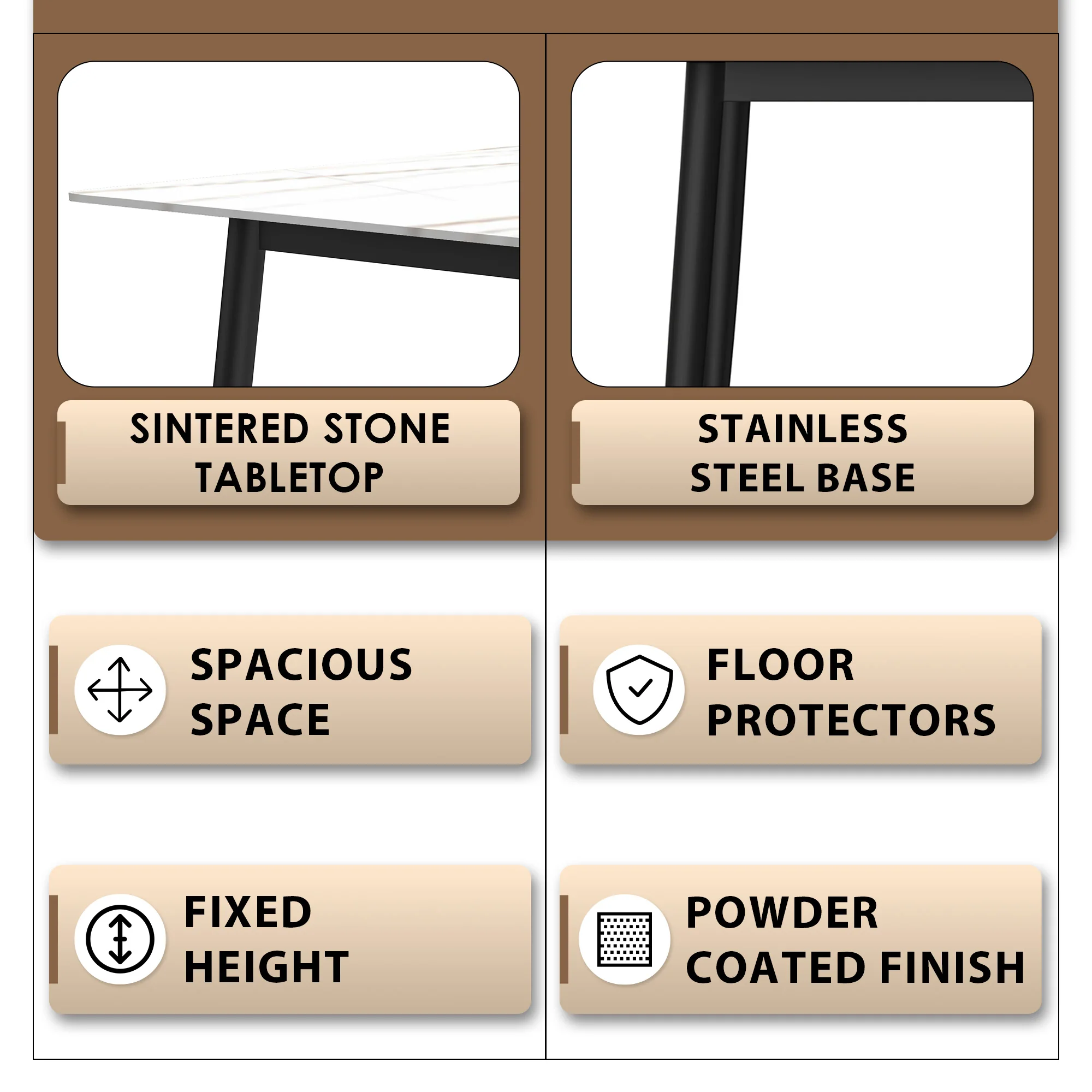 Zayle Series Modern Dining Table Black Base, With 62 White/Gold Sintered Stone Top