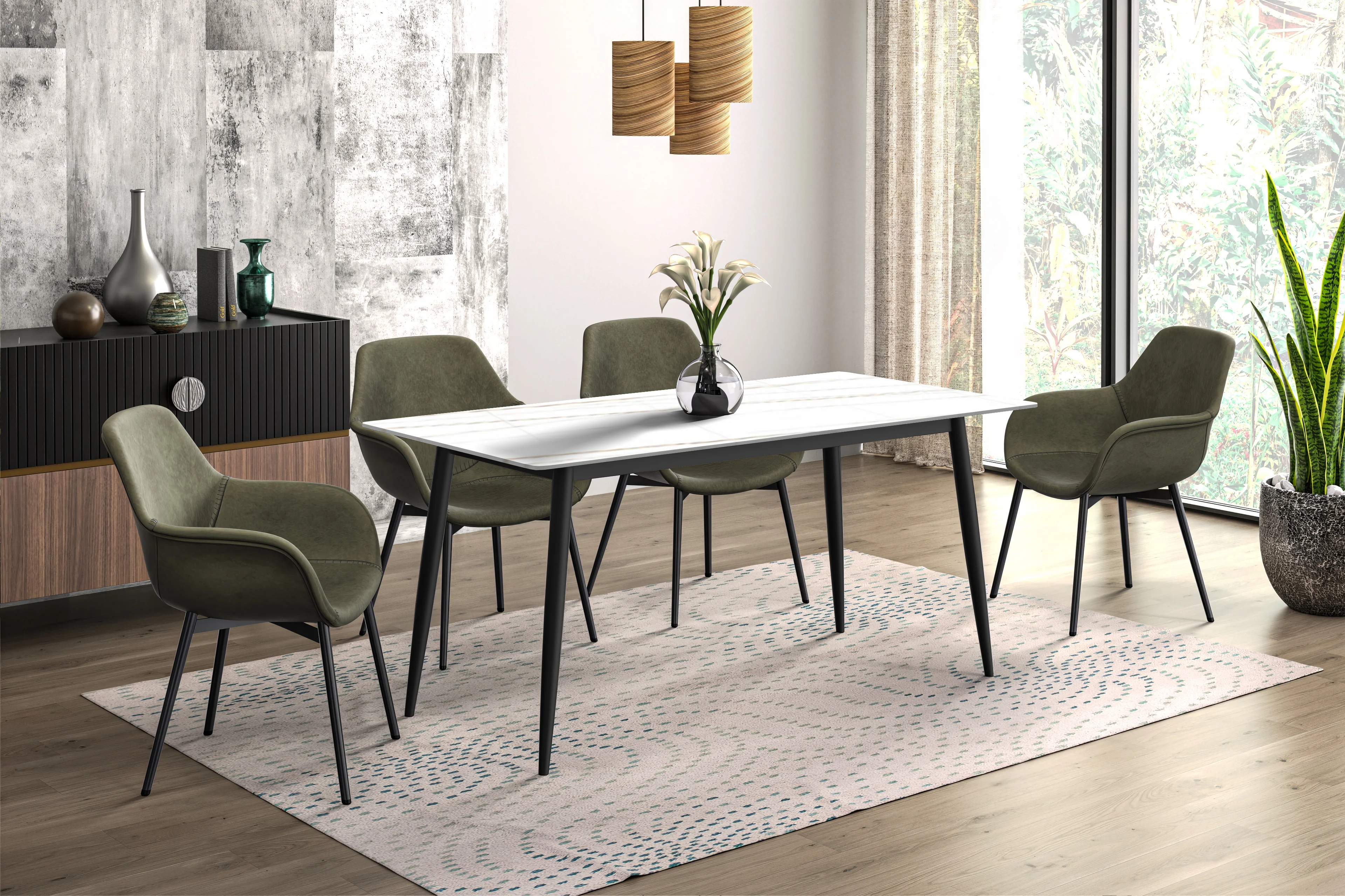 Zayle Series Modern Dining Table Black Base, With 62 White/Gold Sintered Stone Top