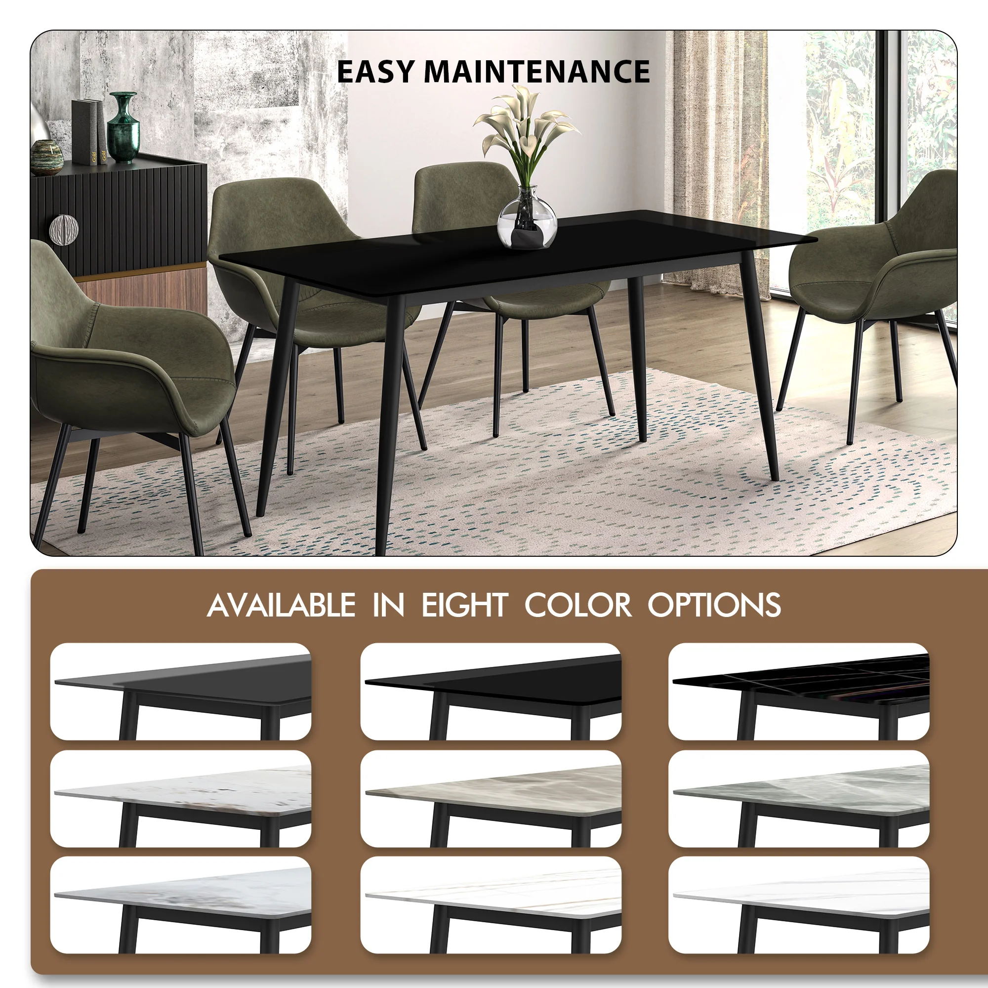 Zayle Series Modern Dining Table Black Base, With 71 Black Glass Top