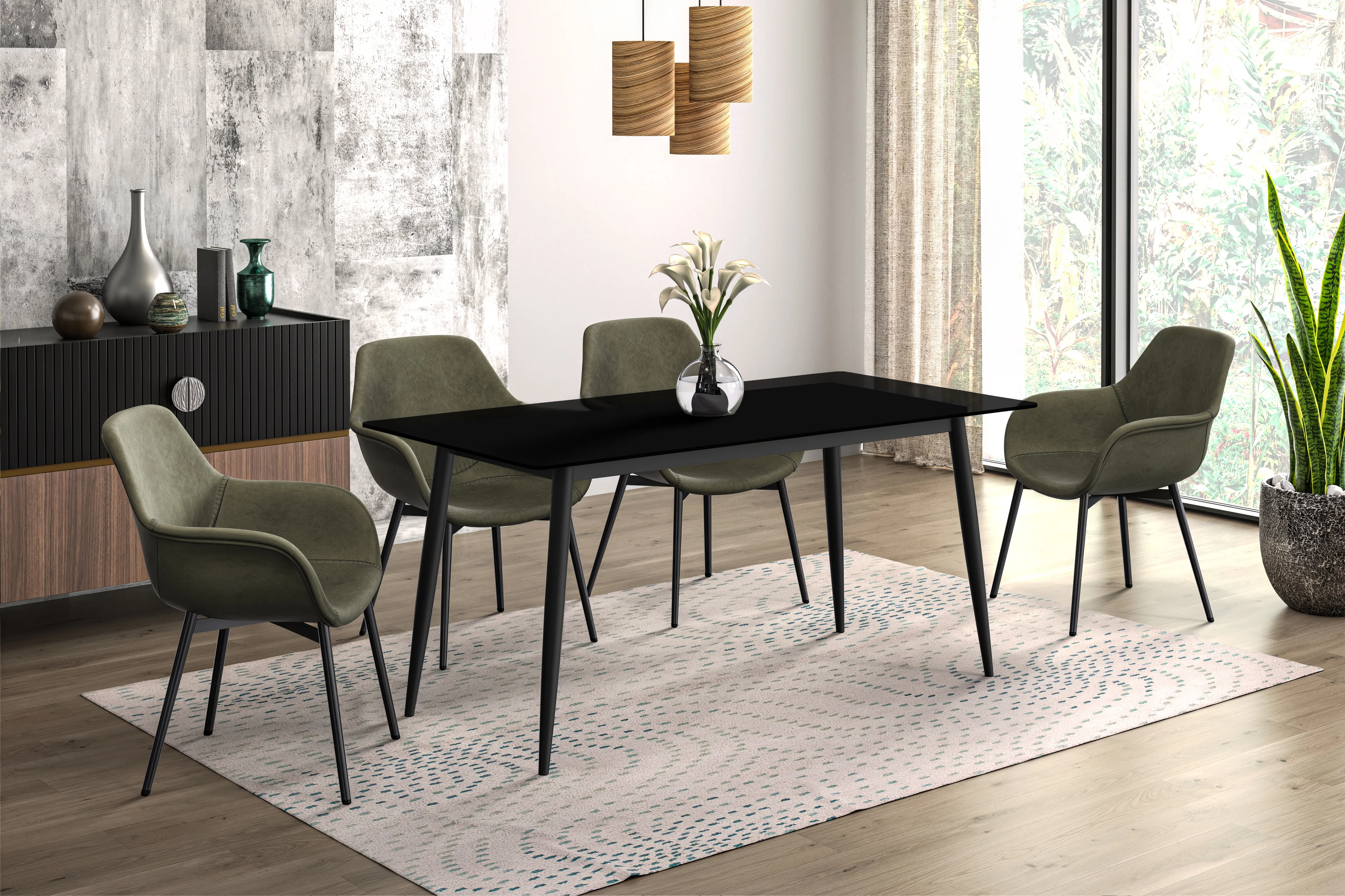 Zayle Series Modern Dining Table Black Base, With 71 Black Glass Top