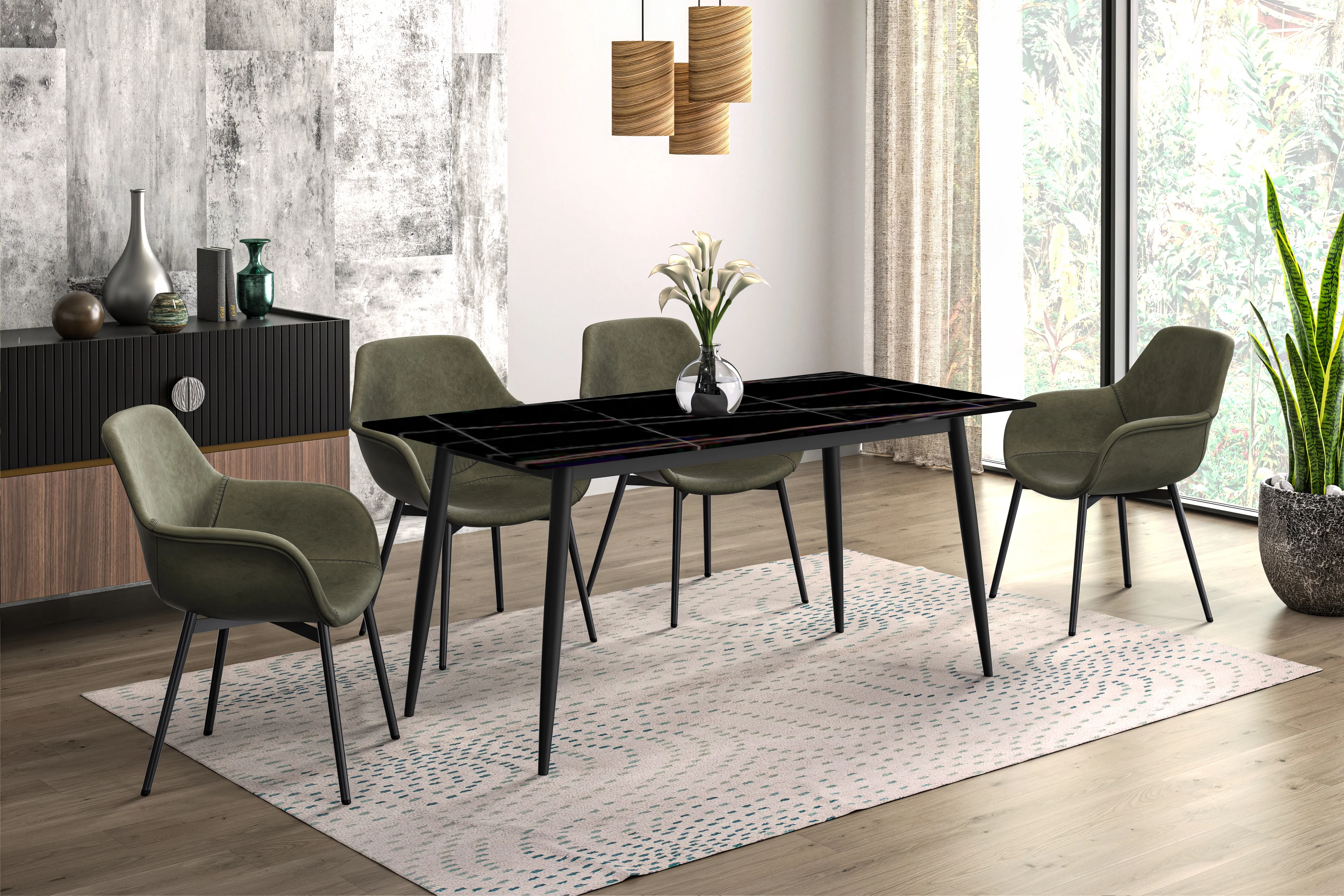 Zayle Series Modern Dining Table Black Base, With 71 Black/Gold Sintered Stone Top