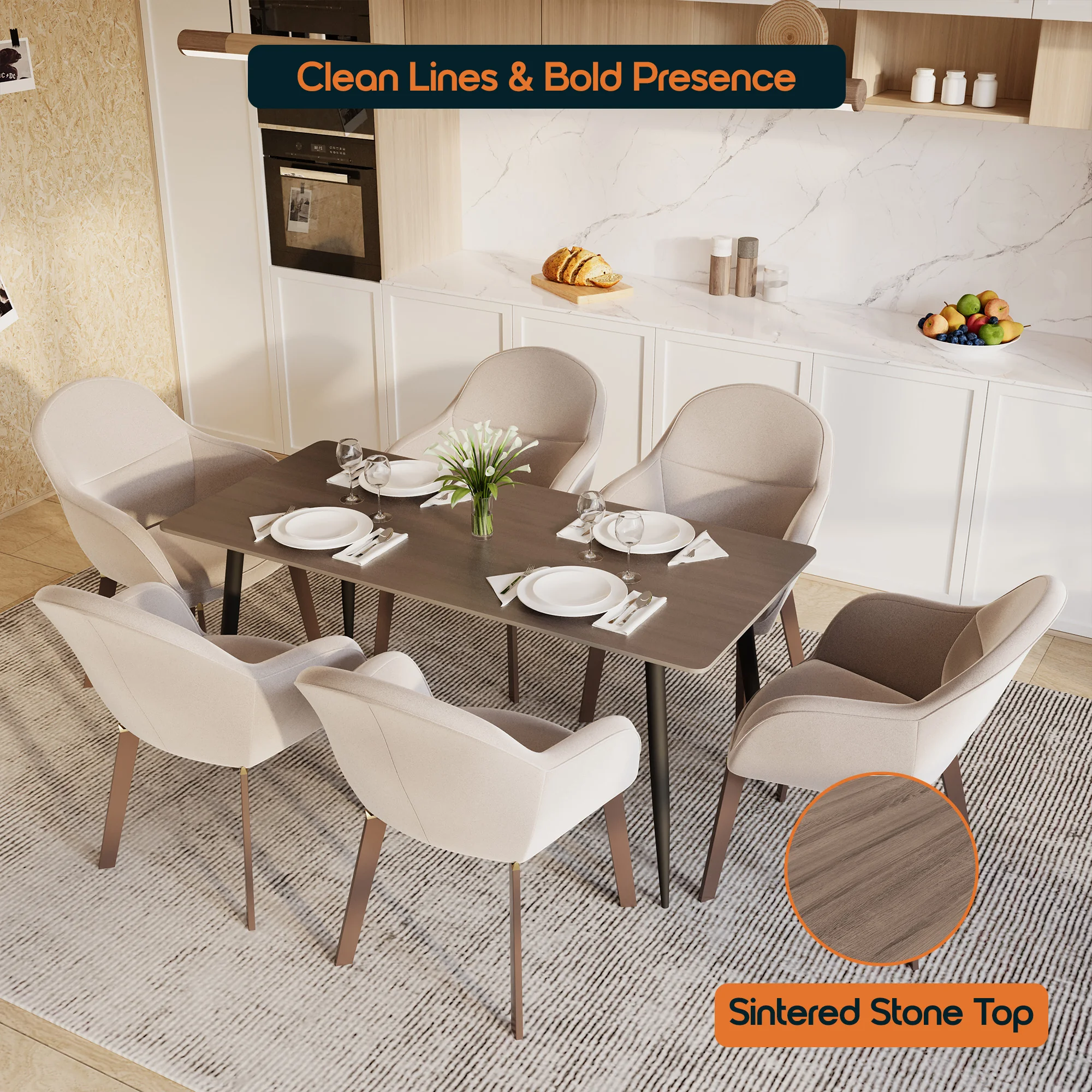 Zayle 71" Rectangle Sintered Stone Dining Table in Red Oak with BLack Base