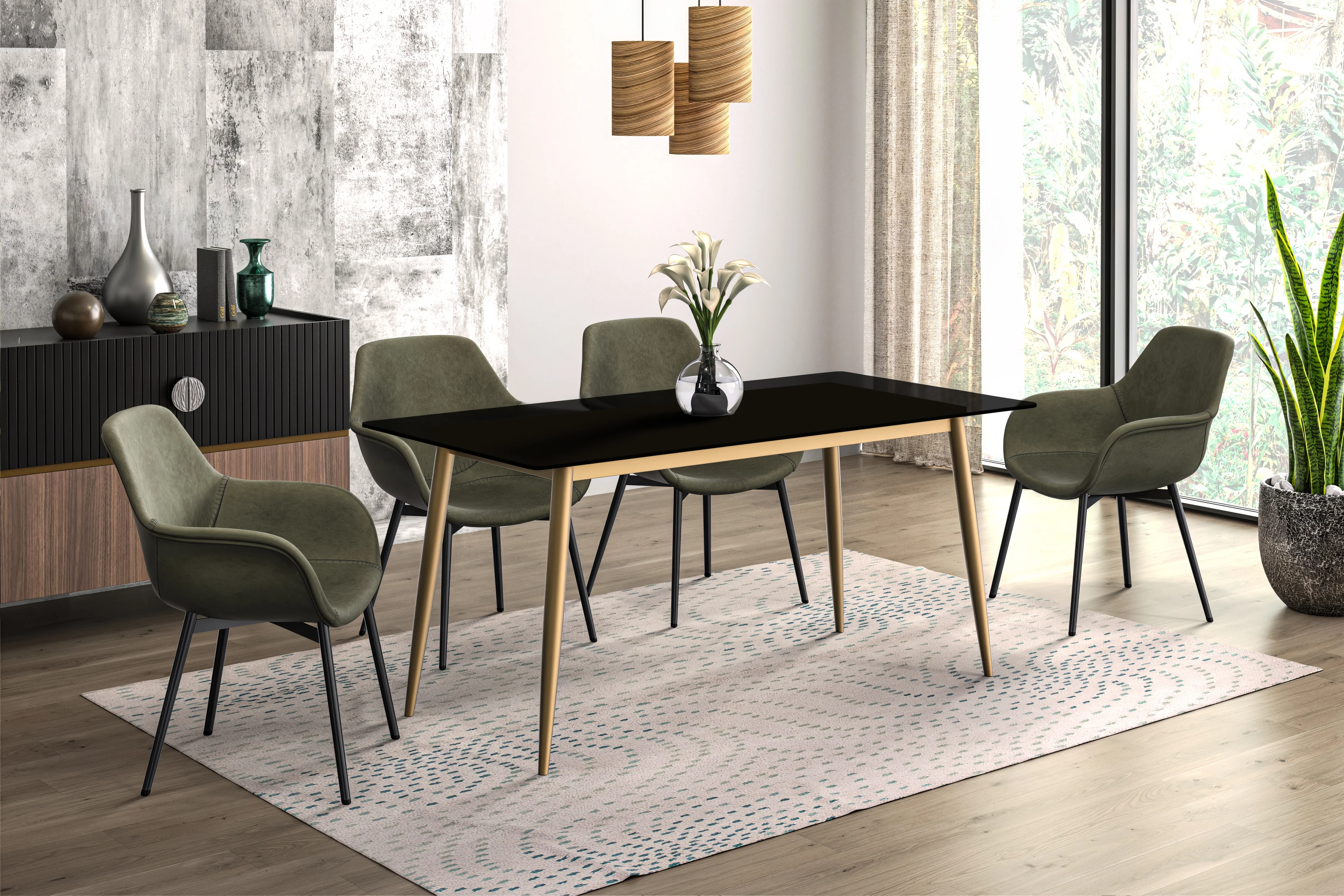 Zayle Series Modern Dining Table Brushed Gold Base, With 55 Black Glass Top