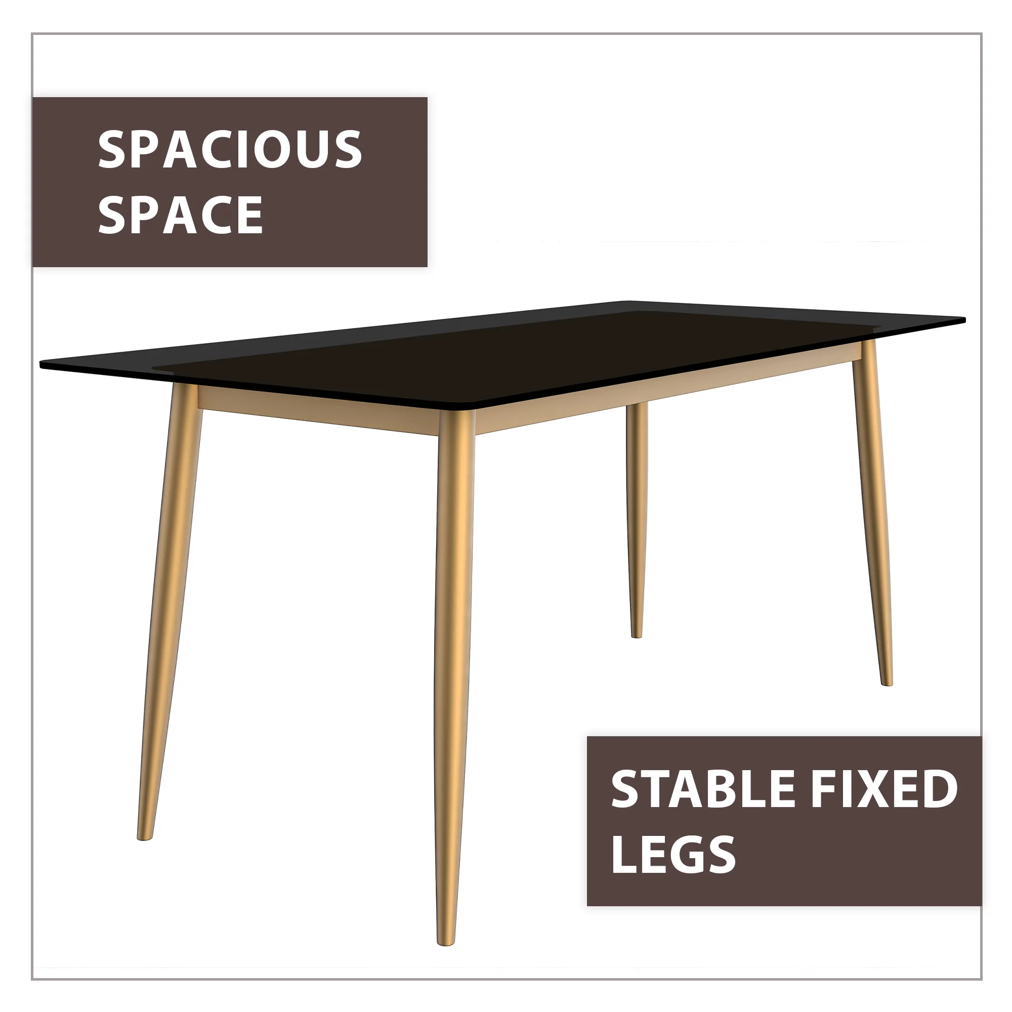 Zayle Series Modern Dining Table Brushed Gold Base, With 55 Black Glass Top