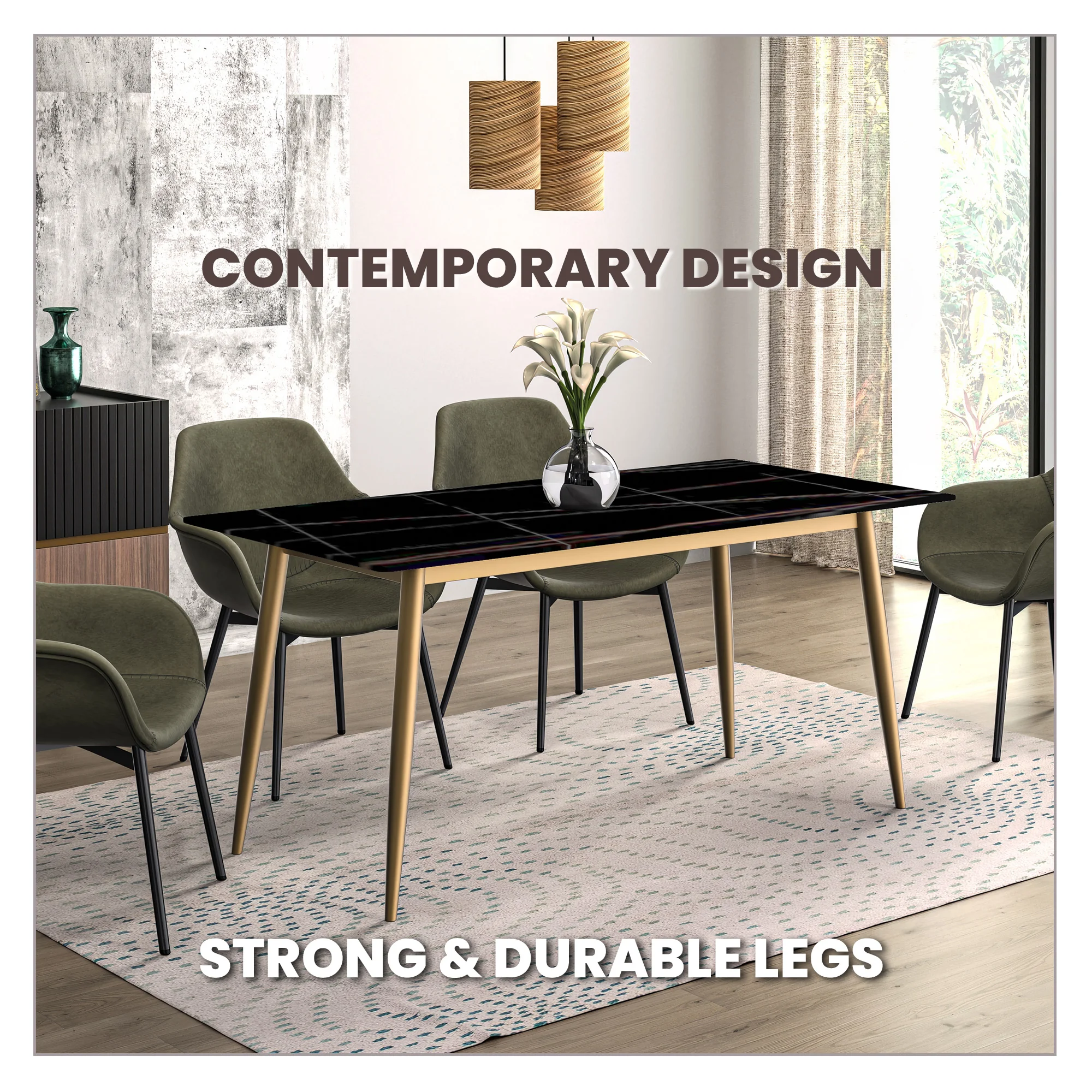 Zayle Series Modern Dining Table Brushed Gold Base, With 55 Black/Gold Sintered Stone Top