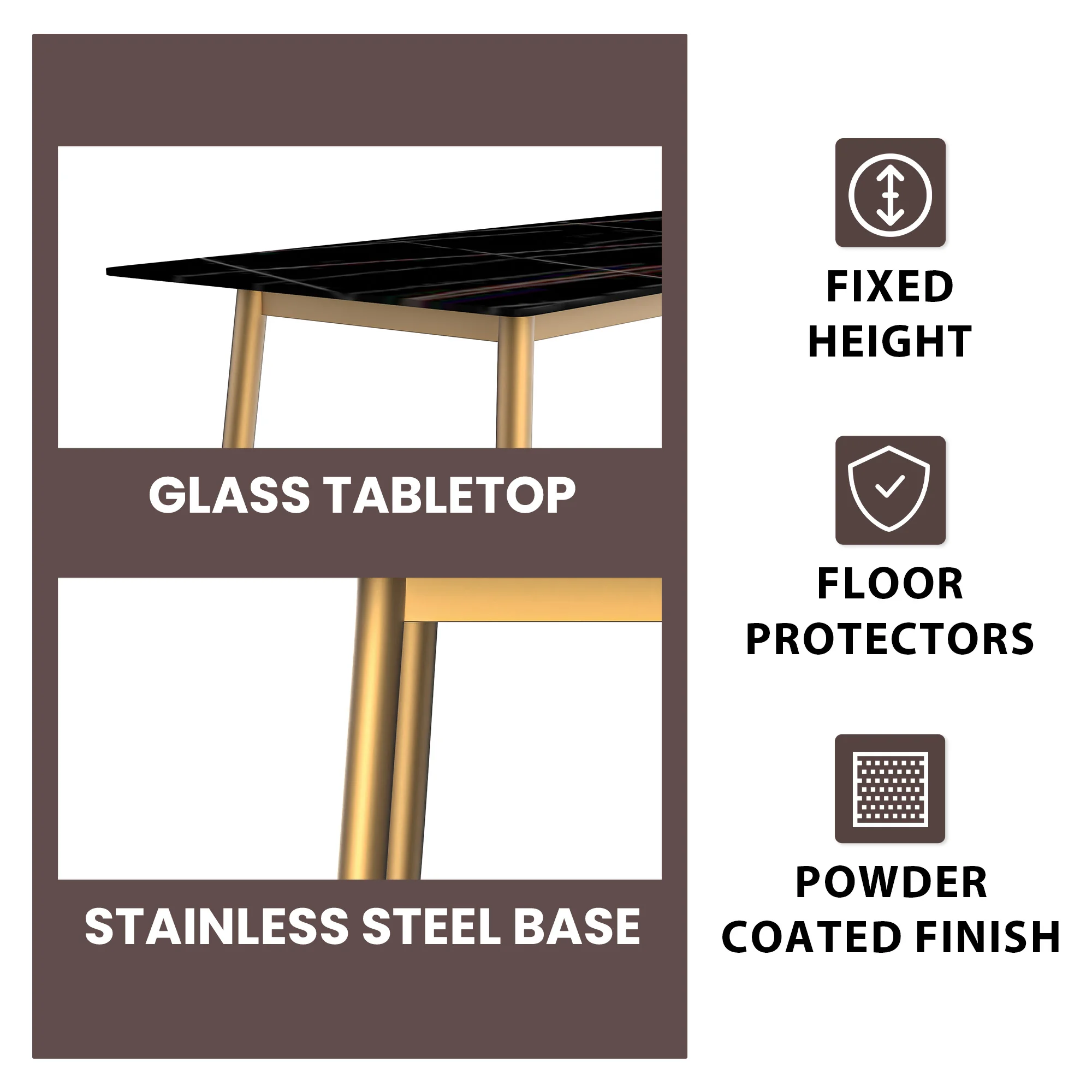 Zayle Series Modern Dining Table Brushed Gold Base, With 55 Black/Gold Sintered Stone Top