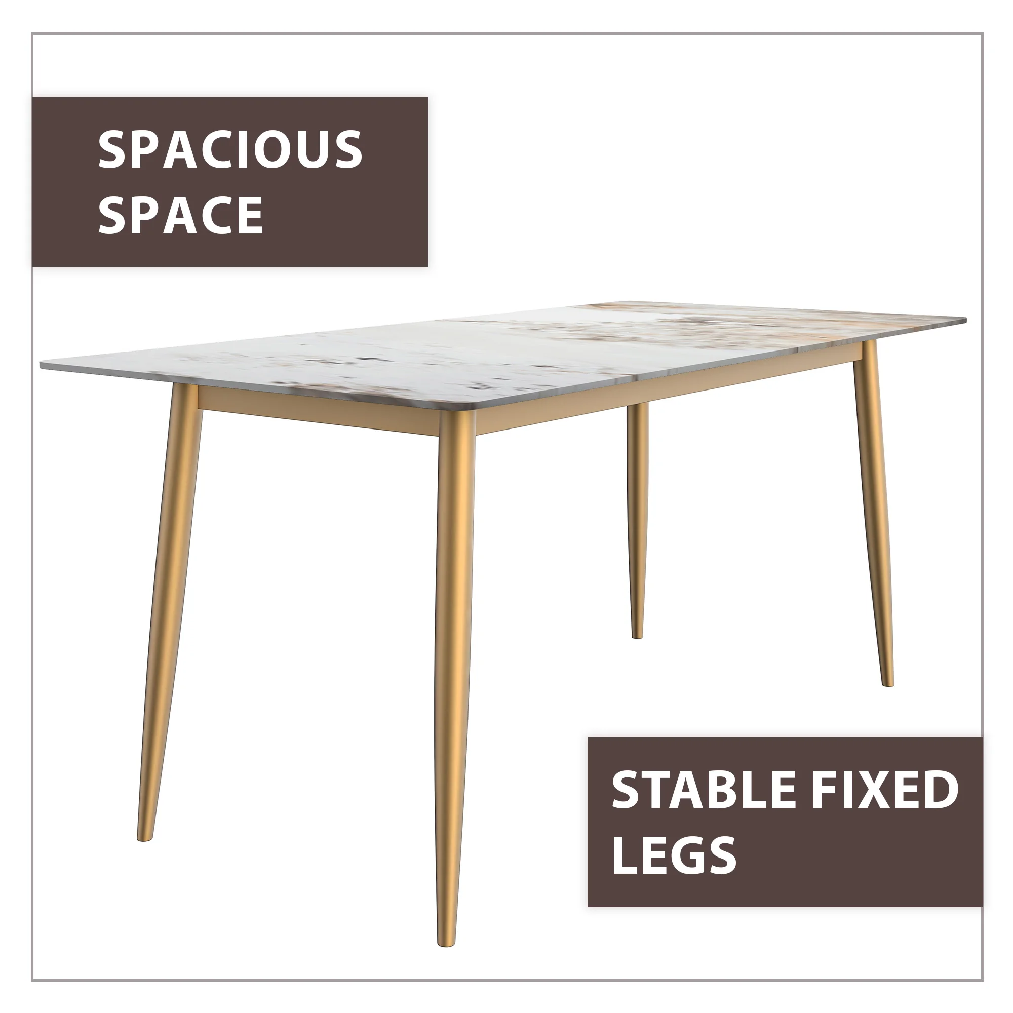 Zayle Series Modern Dining Table Brushed Gold Base, With 55 White Grey Sintered Stone Top