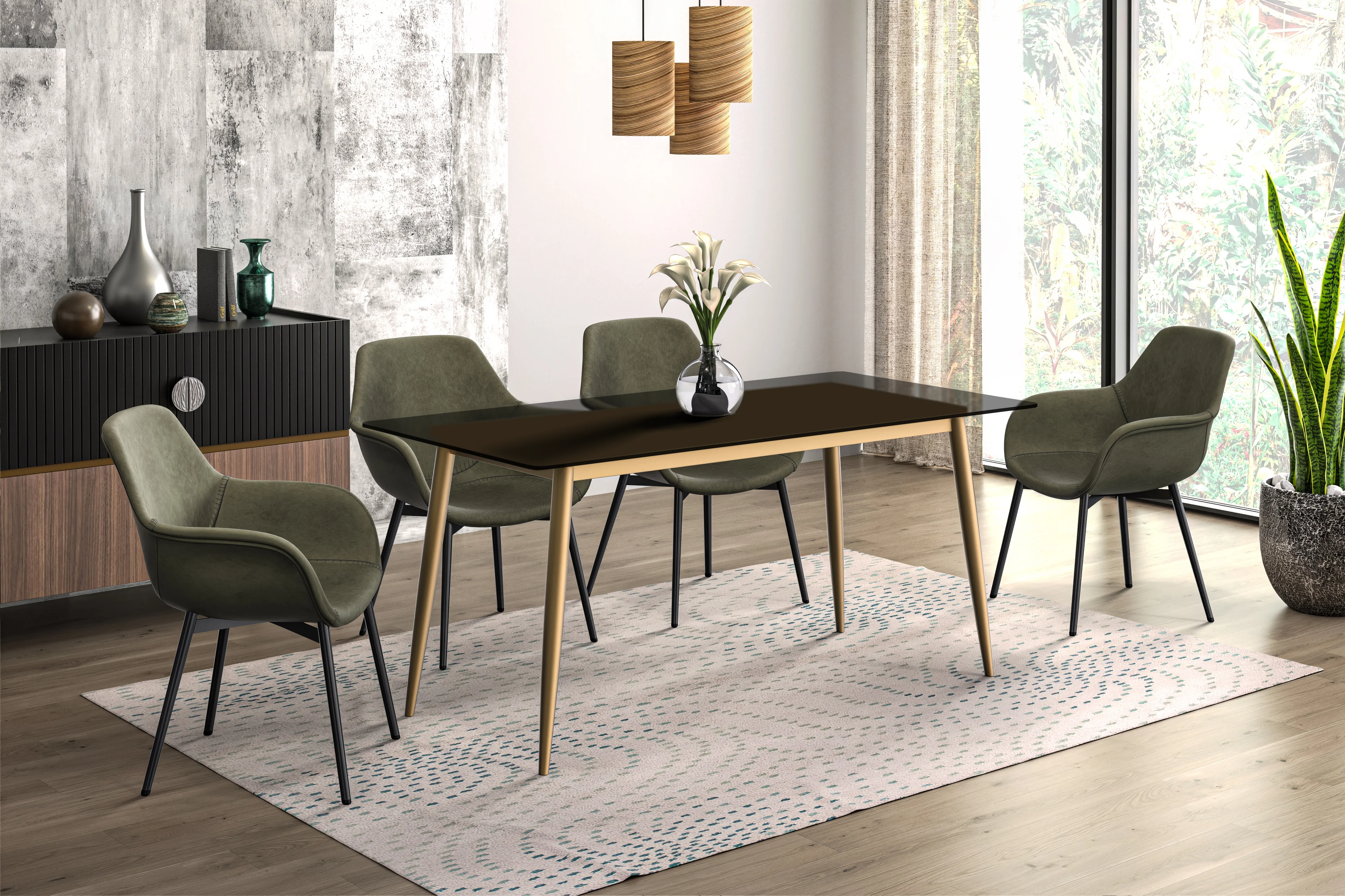 Zayle Series Modern Dining Table Brushed Gold Base, With 55 Clear Glass Top