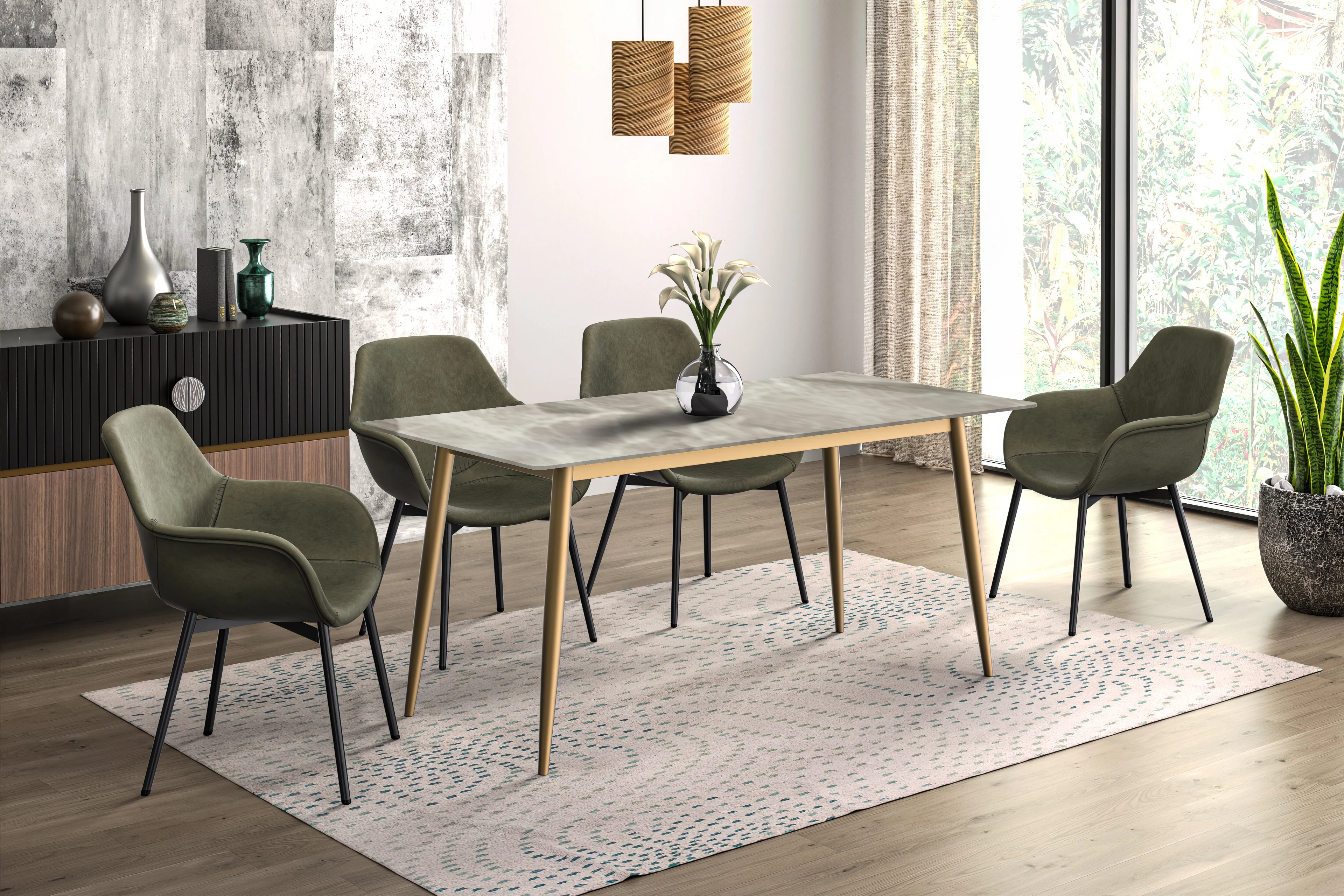 Zayle Series Modern Dining Table Brushed Gold Base, With 55 Deep Grey Sintered Stone Top