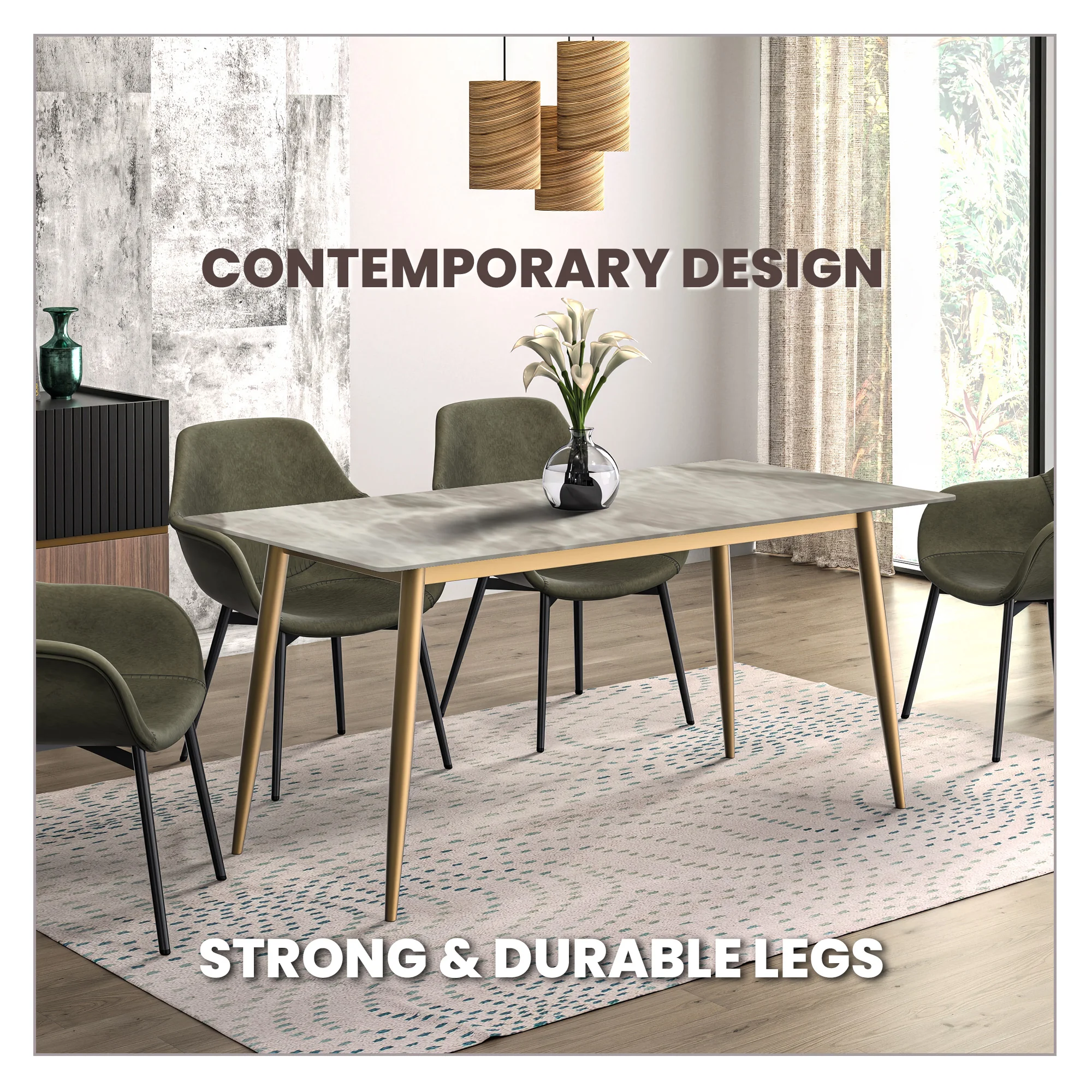 Zayle Series Modern Dining Table Brushed Gold Base, With 55 Deep Grey Sintered Stone Top