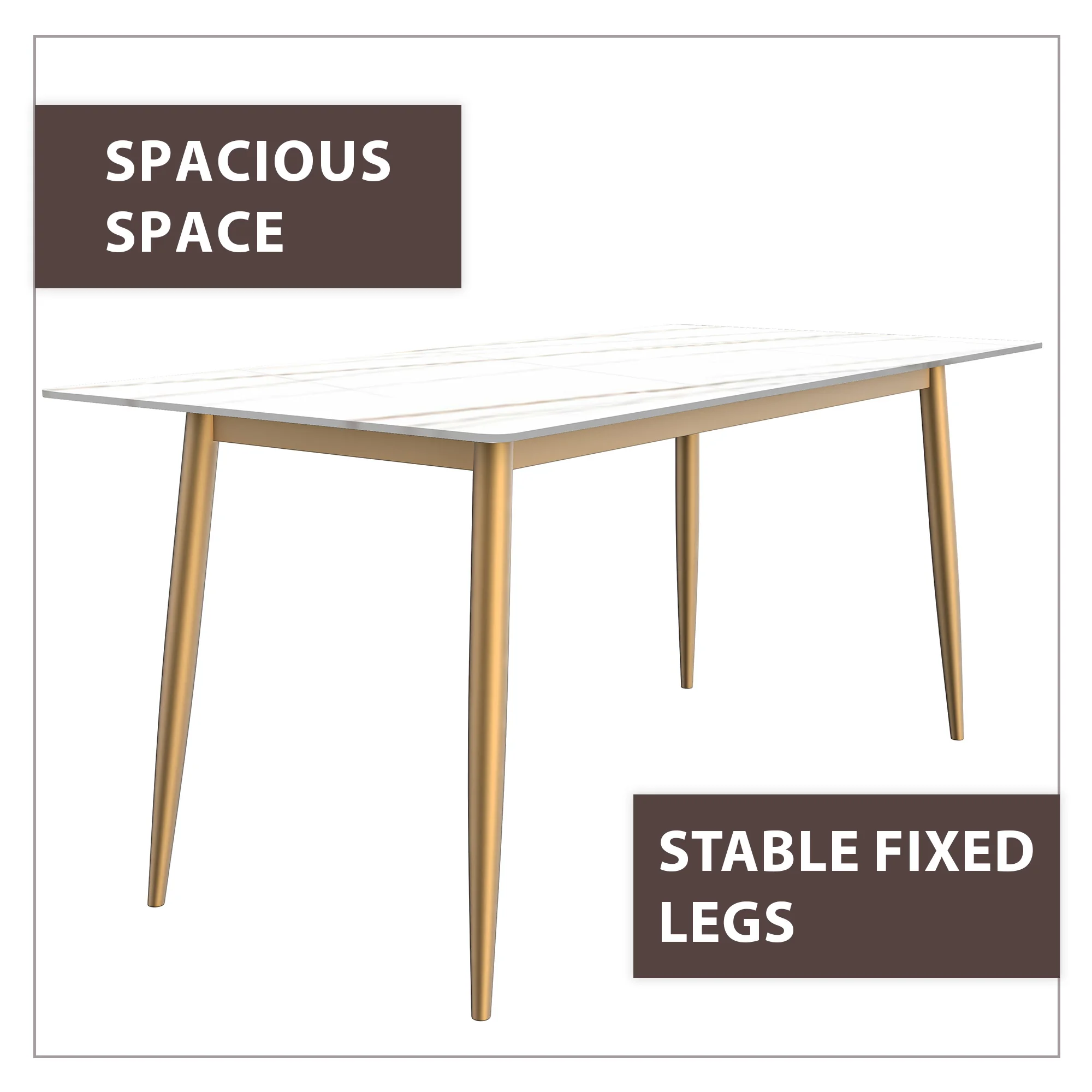 Zayle Series Modern Dining Table Brushed Gold Base, With 55 White/Gold Sintered Stone Top