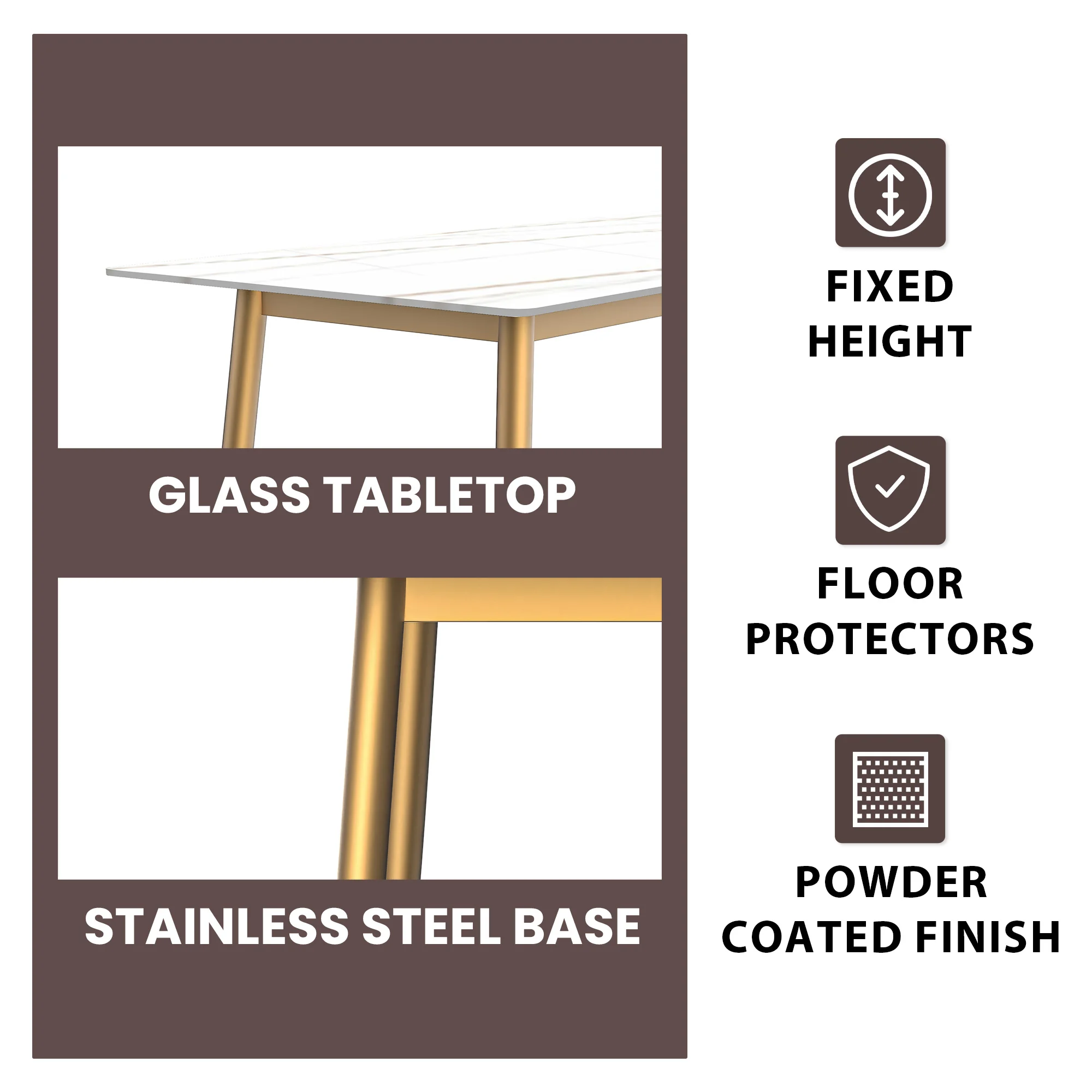 Zayle Series Modern Dining Table Brushed Gold Base, With 55 White/Gold Sintered Stone Top