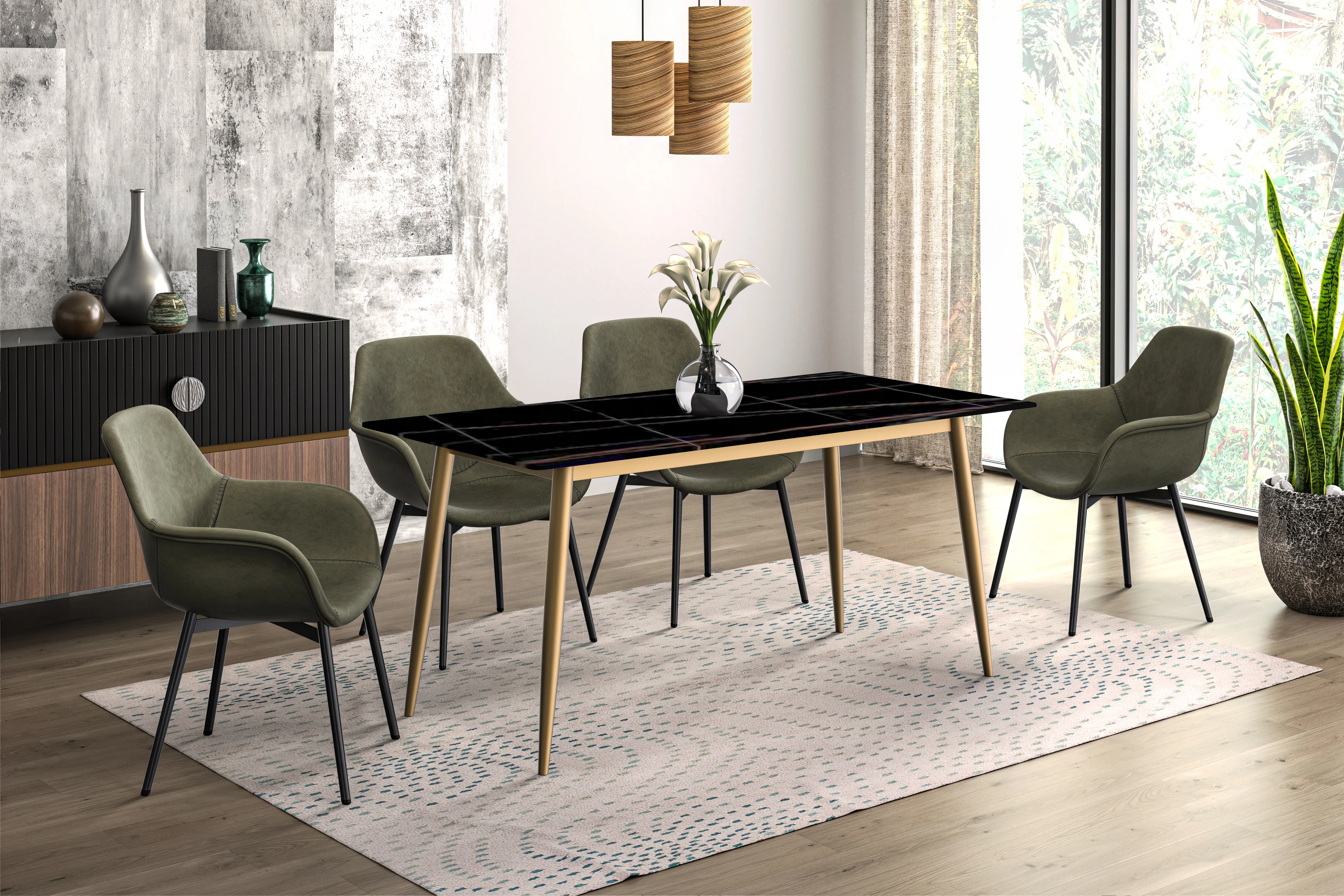 Zayle Series Modern Dining Table Brushed Gold Base, With 62 Black/Gold Sintered Stone Top